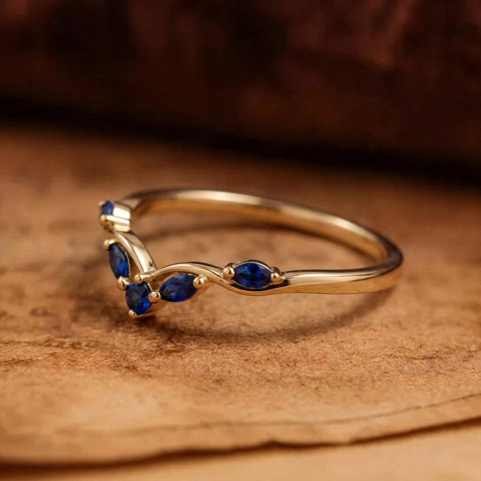 Blue Sapphire Curved Wedding Band, Marquise Sapphire Ring, Chevron Stacking Ring, Minimalist Gold Promise Ring for Women, Wedding Band