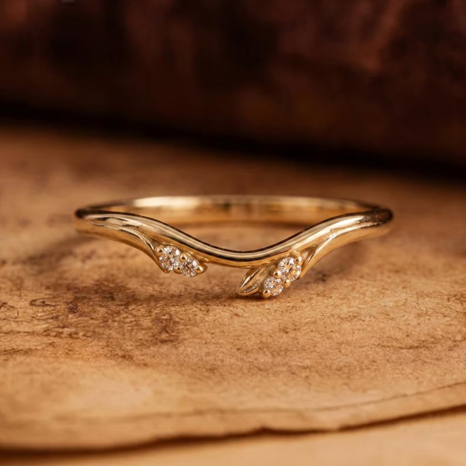 Floral Diamond Ring 14K Solid Gold Chevron Band, Flower Wedding Band with Tiny Moissanite Ivy Band