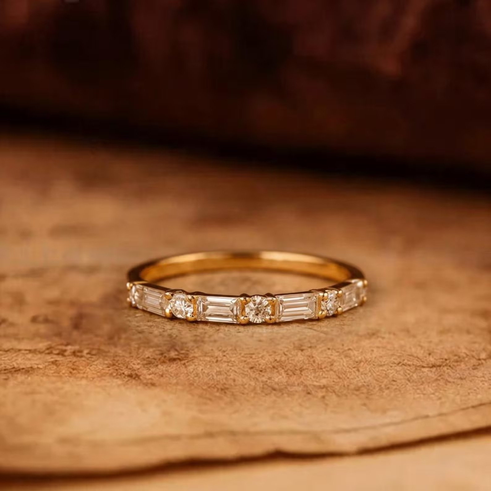 Dainty Moissanite Baguette Ring, Gold Stacking Wedding Band for Her, Thin Bridal Anniversary Ring, Elegant Minimal Promise Jewelry