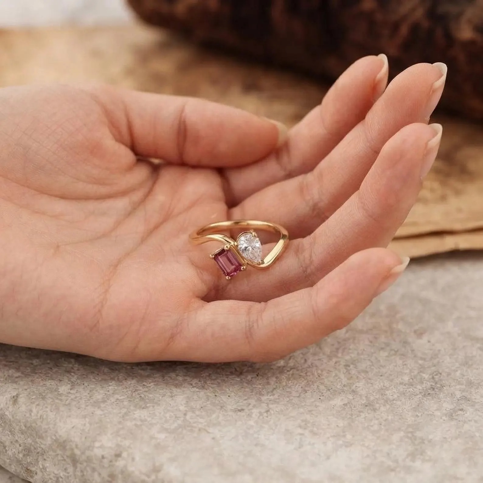 Toi Et Moi Ring Personalized, Twin Birthstone Ring, Dainty 14K Gold Plated Ring, Custom Couple Jewelry, Anniversary Gift, Gift For Her