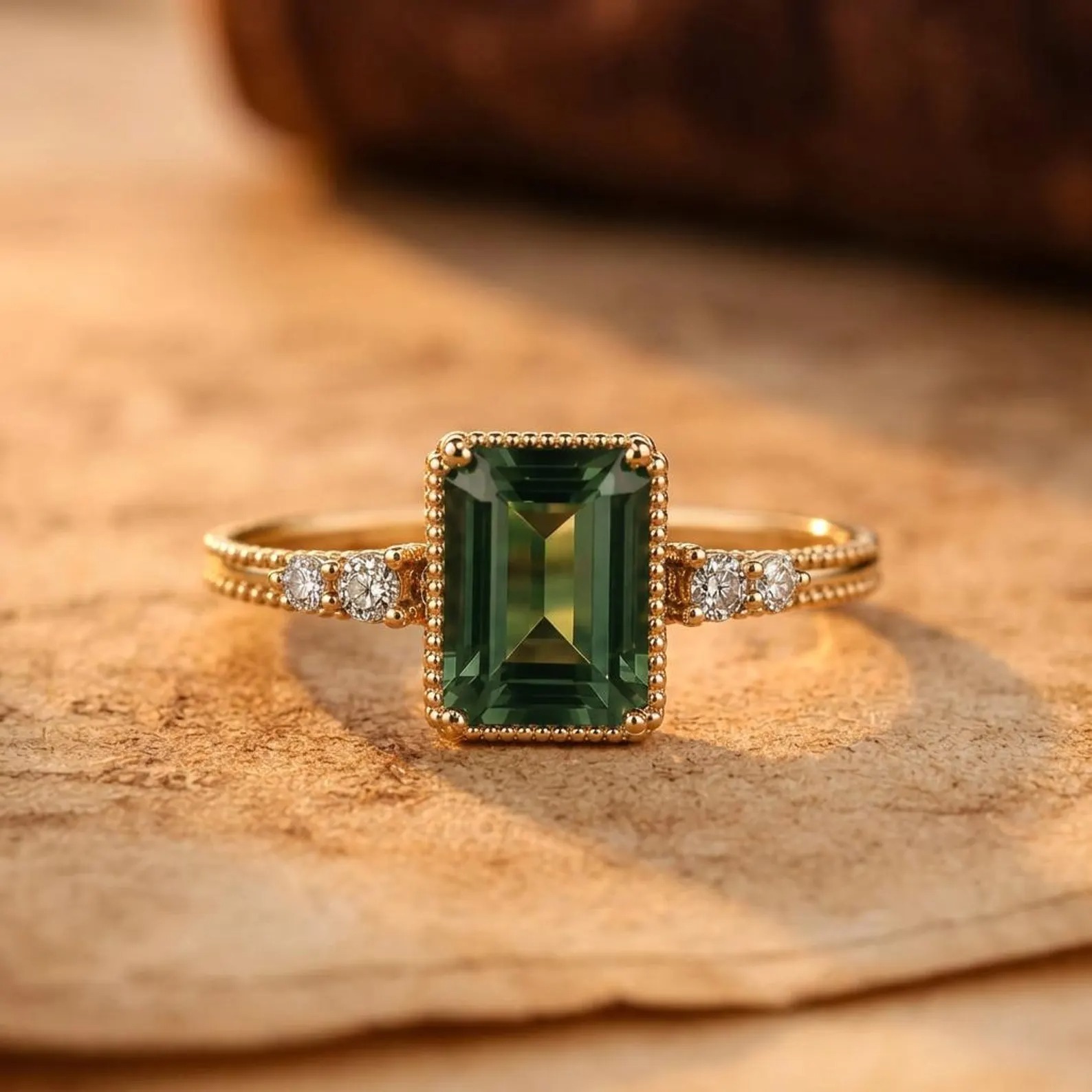 Vintage Green Amethyst Emerald Cut Ring Women 14K Solid Yellow Gold Engagement Ring Unique Prong Set Ring February Birthstone Gift for Wife