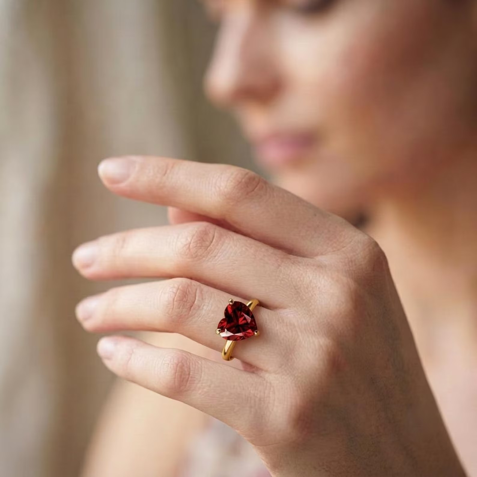 Unique Vintage Solitaire Ruby Wedding Ring Heart Cut Red Gemstone July Birthstone Yellow Gold Plated Ring Personalized Rings Gift For Love