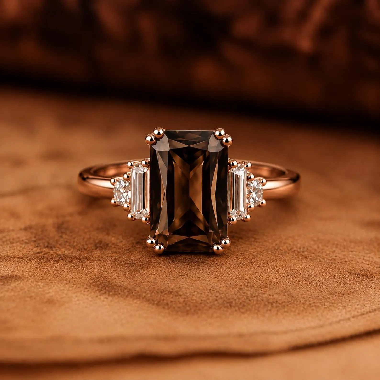 Radiant Smoky Quartz Ring, 14K Gold Five Stone Ring, Baguette Diamond Side Stones, Vintage Engagement Ring, Brown Gemstone Ring Gift for Her