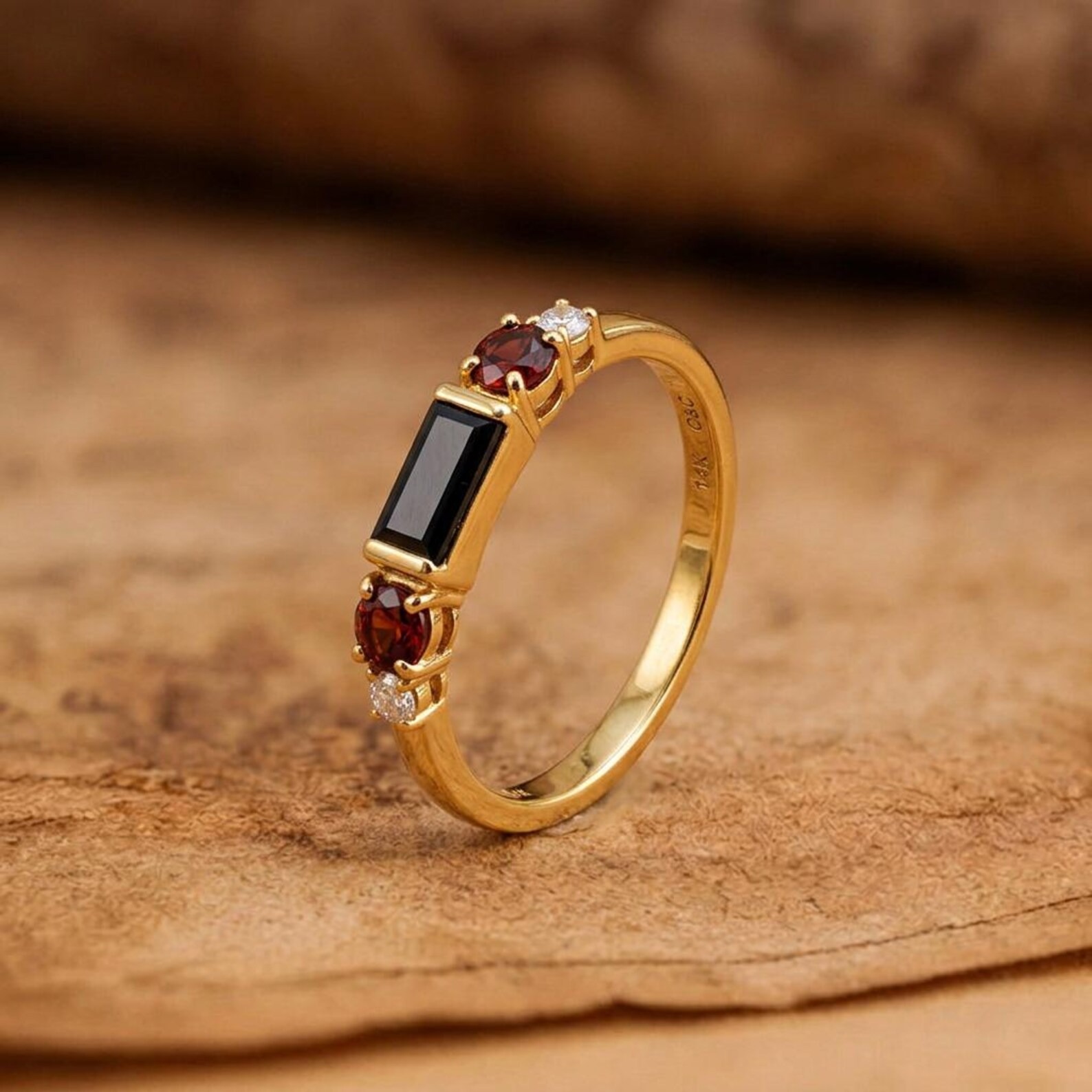 Black Onyx Ring: 18k Gold Plated Sterling Silver, Garnet-White Topaz Accents, Women's Solitaire Ring