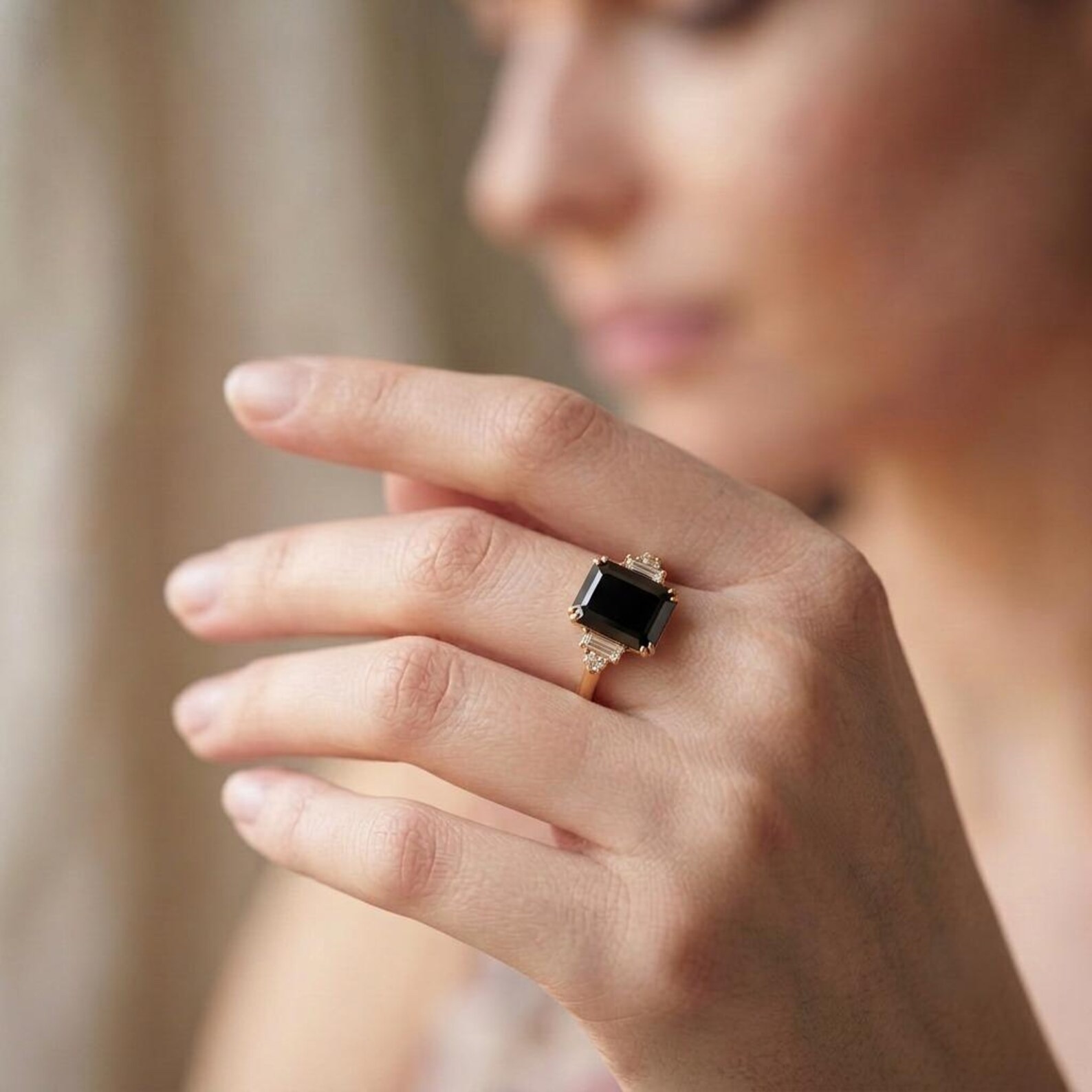 Radiant Natural Onyx Ring, 14K Gold Five Stone Ring, Baguette Diamond Side Stones, Vintage Engagement Ring, Black Gemstone Ring Gift for Her