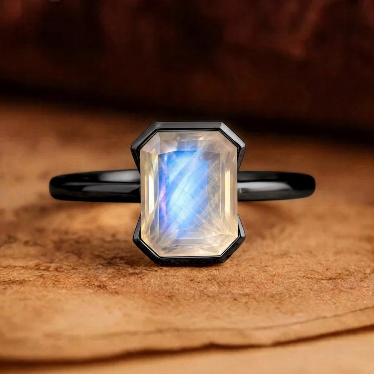 Moonstone Emerald Cut Ring, Rainbow Moonstone Statement Ring, Minimalist Gold Ring, Handmade Celestial Jewelry for Women, Bridesmaid Gift