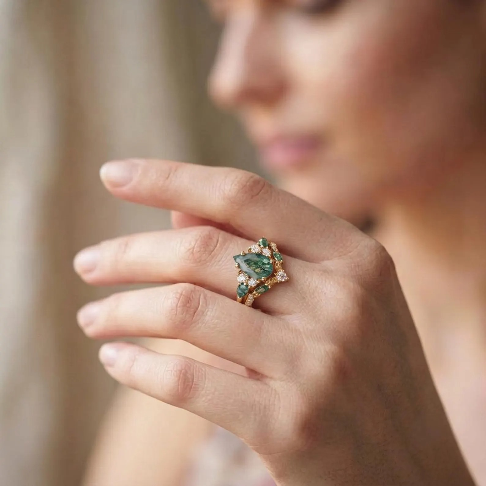 Pear Moss Agate Engagement Ring Set Dainty Solid Gold Green Agate Wedding Ring Diamond Filigree Bridal Set Nature Inspired Promise Ring
