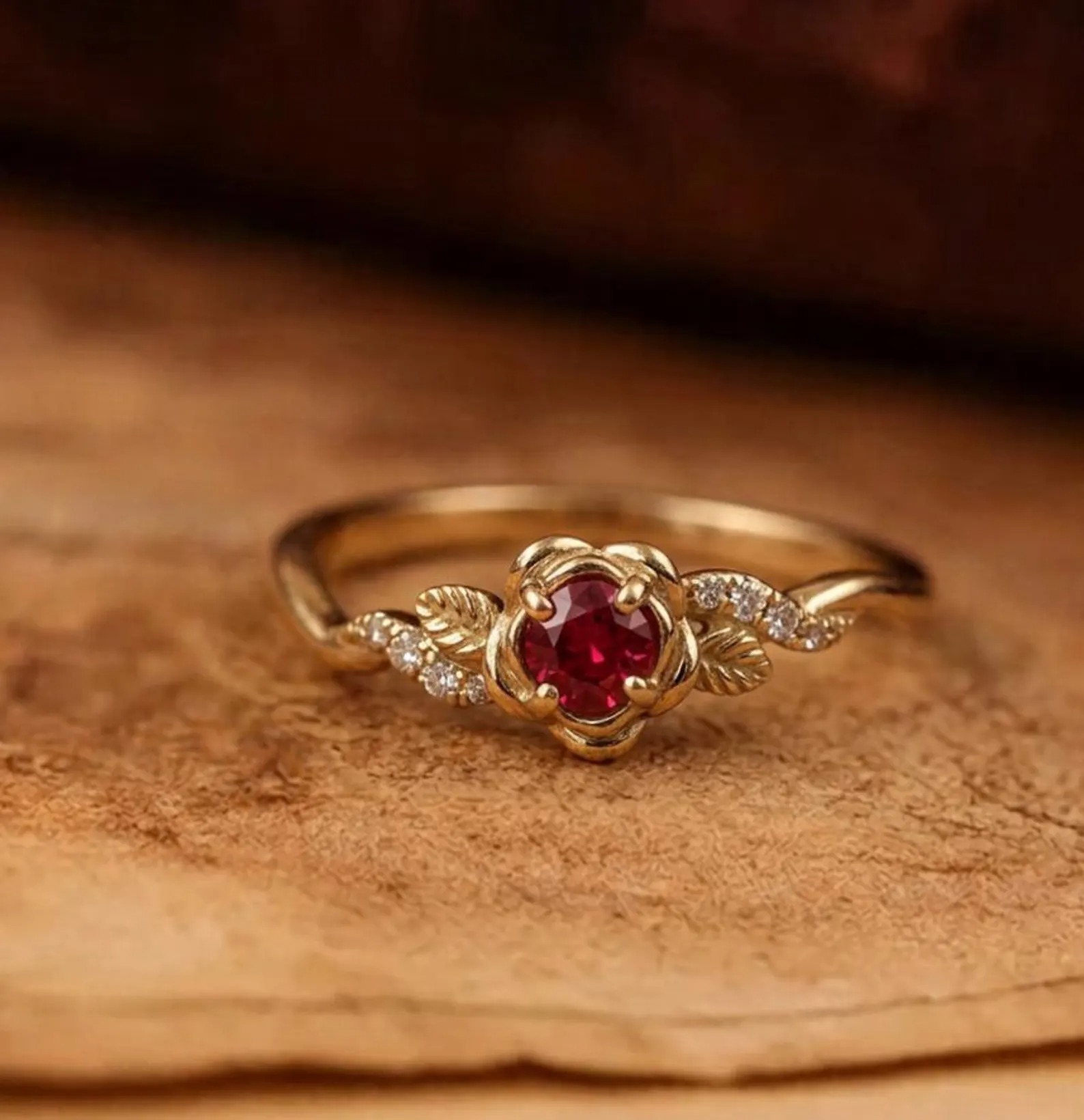 Flower Ruby Engagement Ring, Floral Twist Promise Ring for Women, Nature Inspired Leaf Wedding Ring, July Birthstone