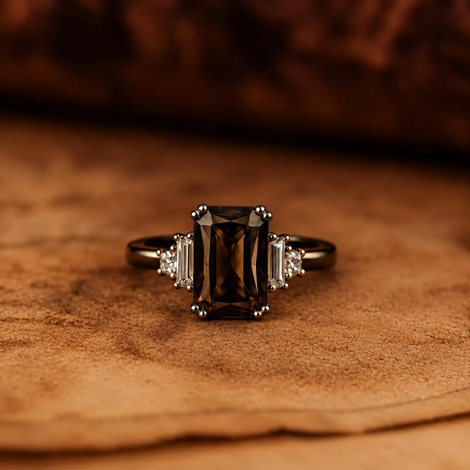 Radiant Smoky Quartz Ring, 14K Gold Five Stone Ring, Baguette Diamond Side Stones, Vintage Engagement Ring, Brown Gemstone Ring Gift for Her