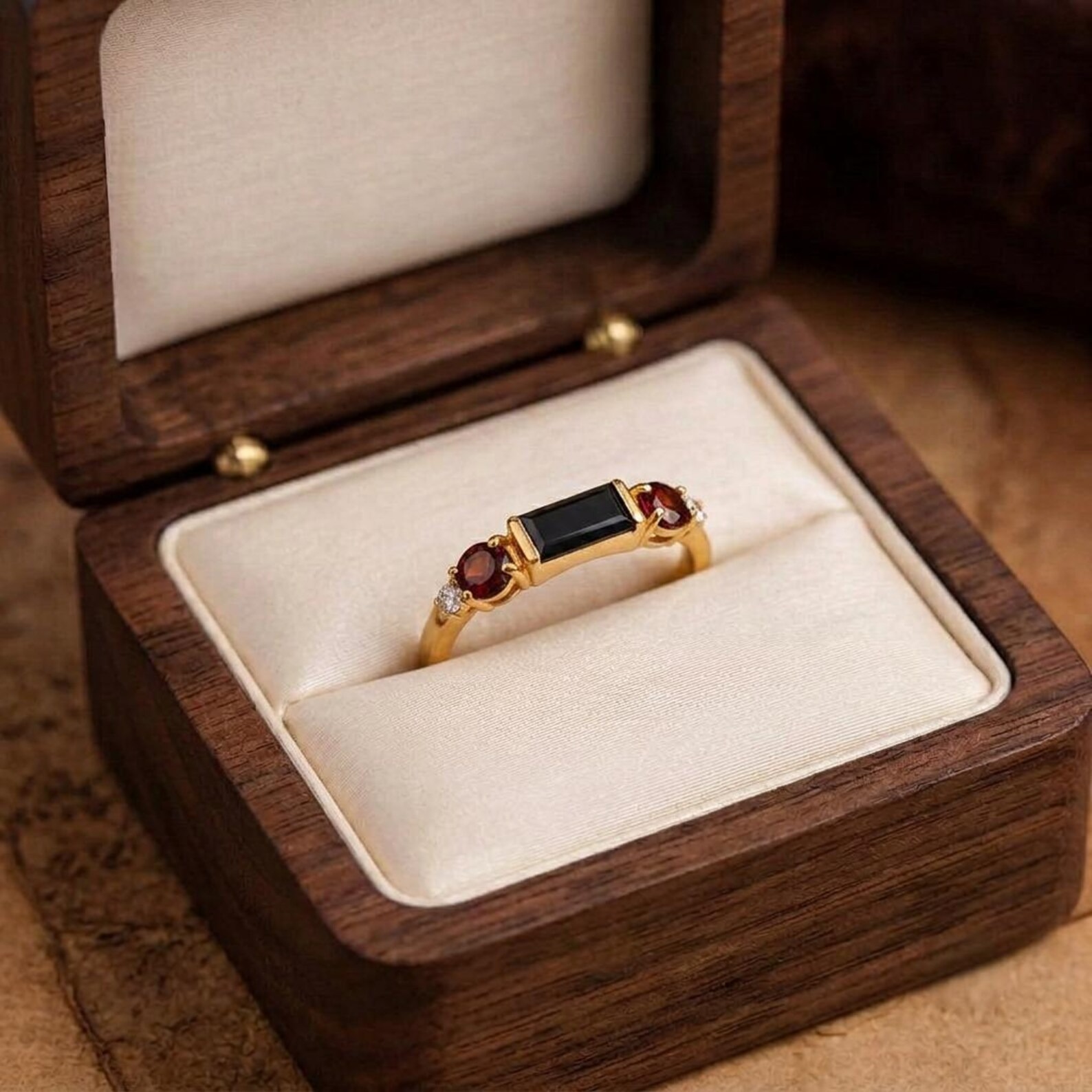 Black Onyx Ring: 18k Gold Plated Sterling Silver, Garnet-White Topaz Accents, Women's Solitaire Ring