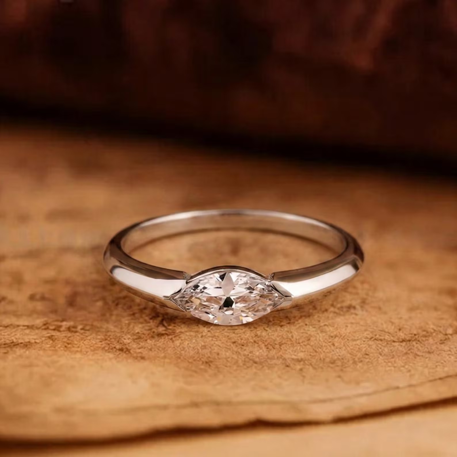 0.5 Carat East West Marquise Cut Solitaire Ring - Available 14k-18k Gold, Silver, or Moissanite/Modern Minimalist Half-Bezel Engagement Ring