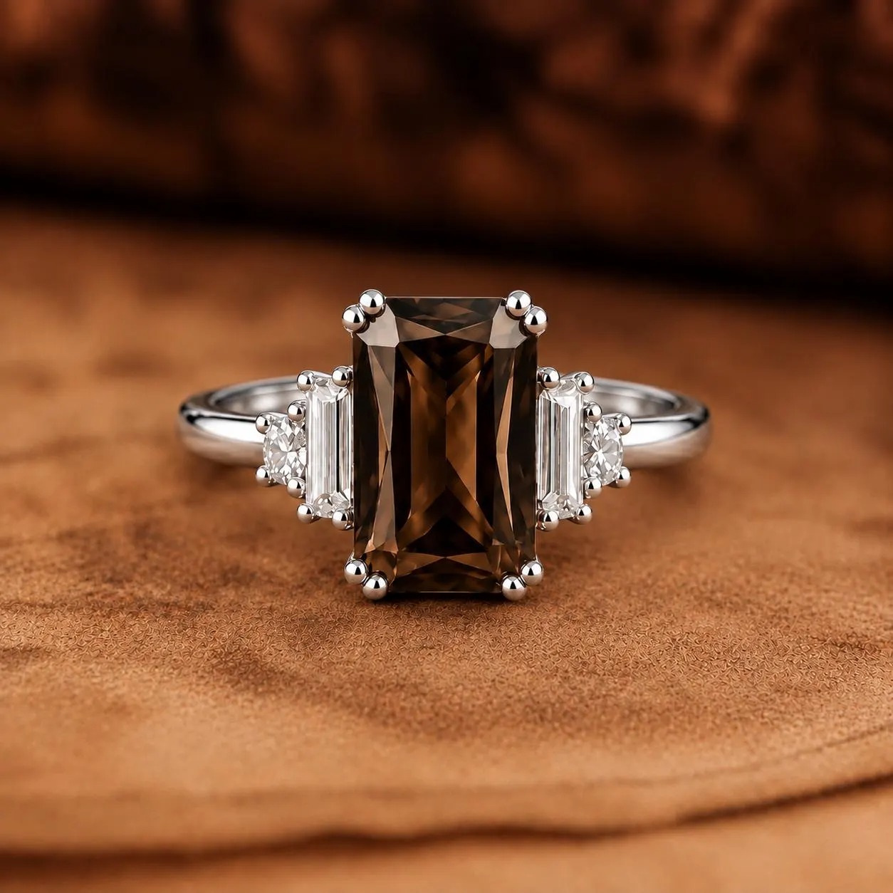Radiant Smoky Quartz Ring, 14K Gold Five Stone Ring, Baguette Diamond Side Stones, Vintage Engagement Ring, Brown Gemstone Ring Gift for Her
