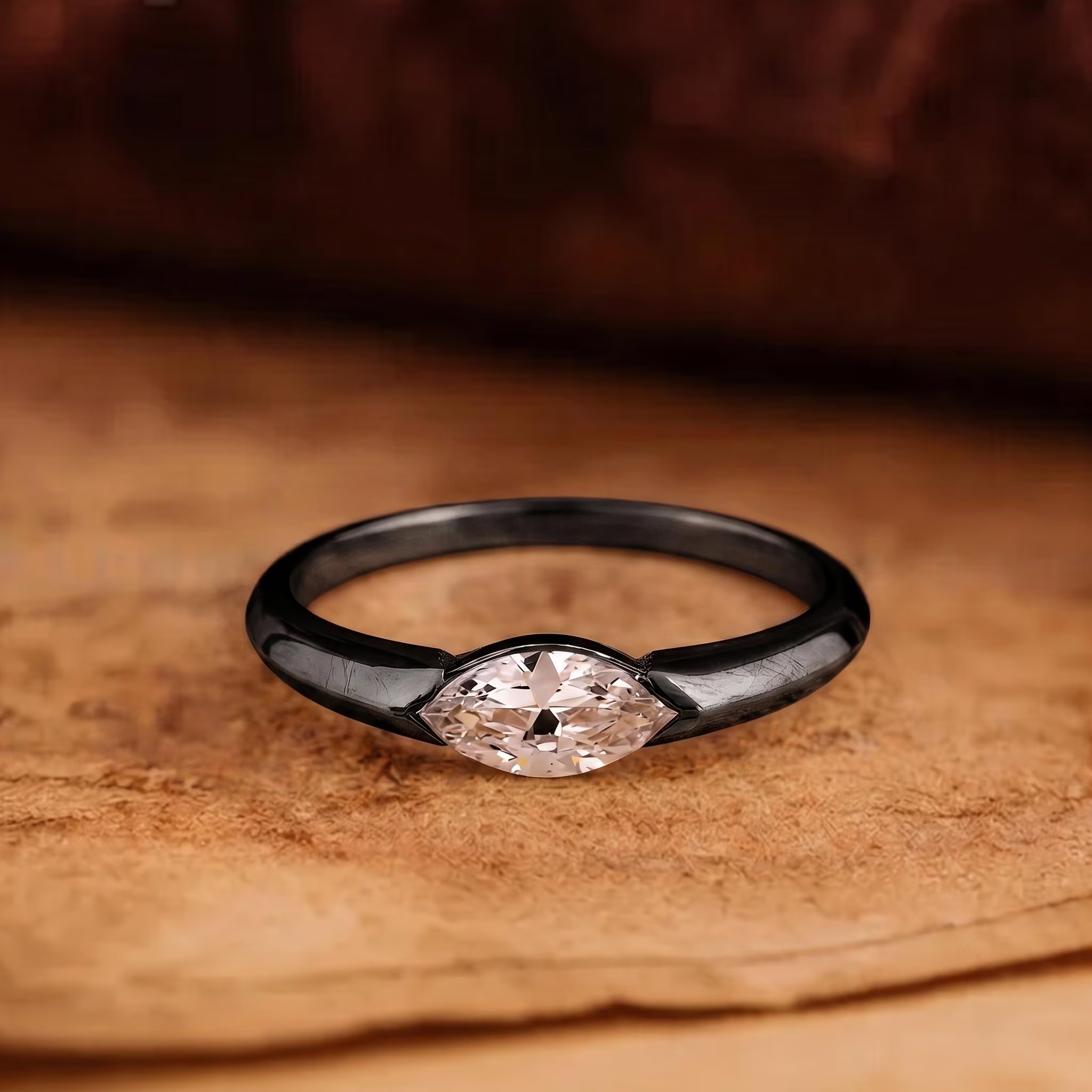 0.5 Carat East West Marquise Cut Solitaire Ring - Available 14k-18k Gold, Silver, or Moissanite/Modern Minimalist Half-Bezel Engagement Ring