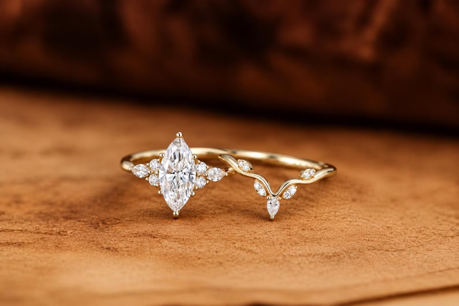 IGI Certificate Marquise Lab Diamond Engagement Ring Set, Lab Diamond Cluster ring Yellow Gold Twist Bridal Set Promise Gift For Women
