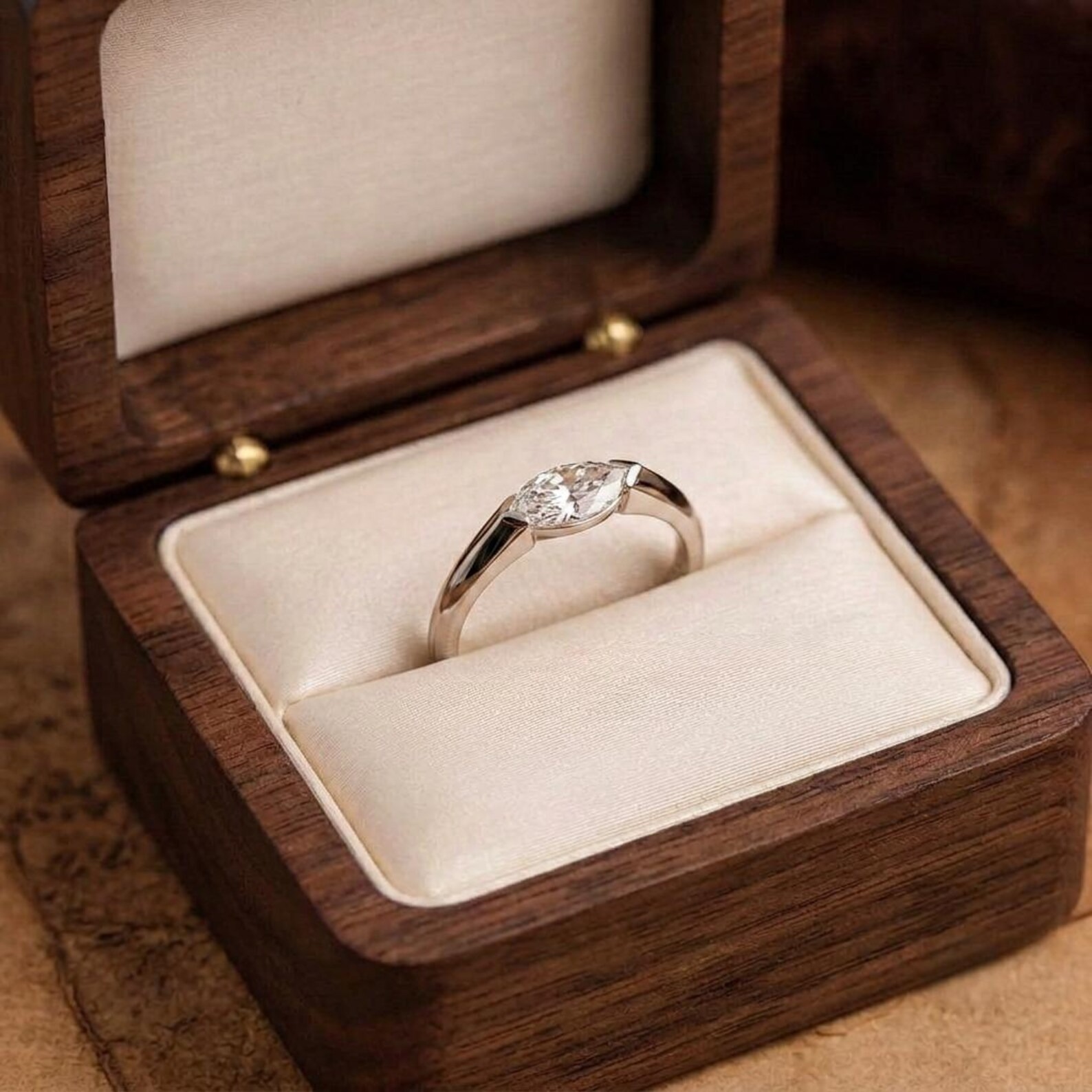 0.5 Carat East West Marquise Cut Solitaire Ring - Available 14k-18k Gold, Silver, or Moissanite/Modern Minimalist Half-Bezel Engagement Ring