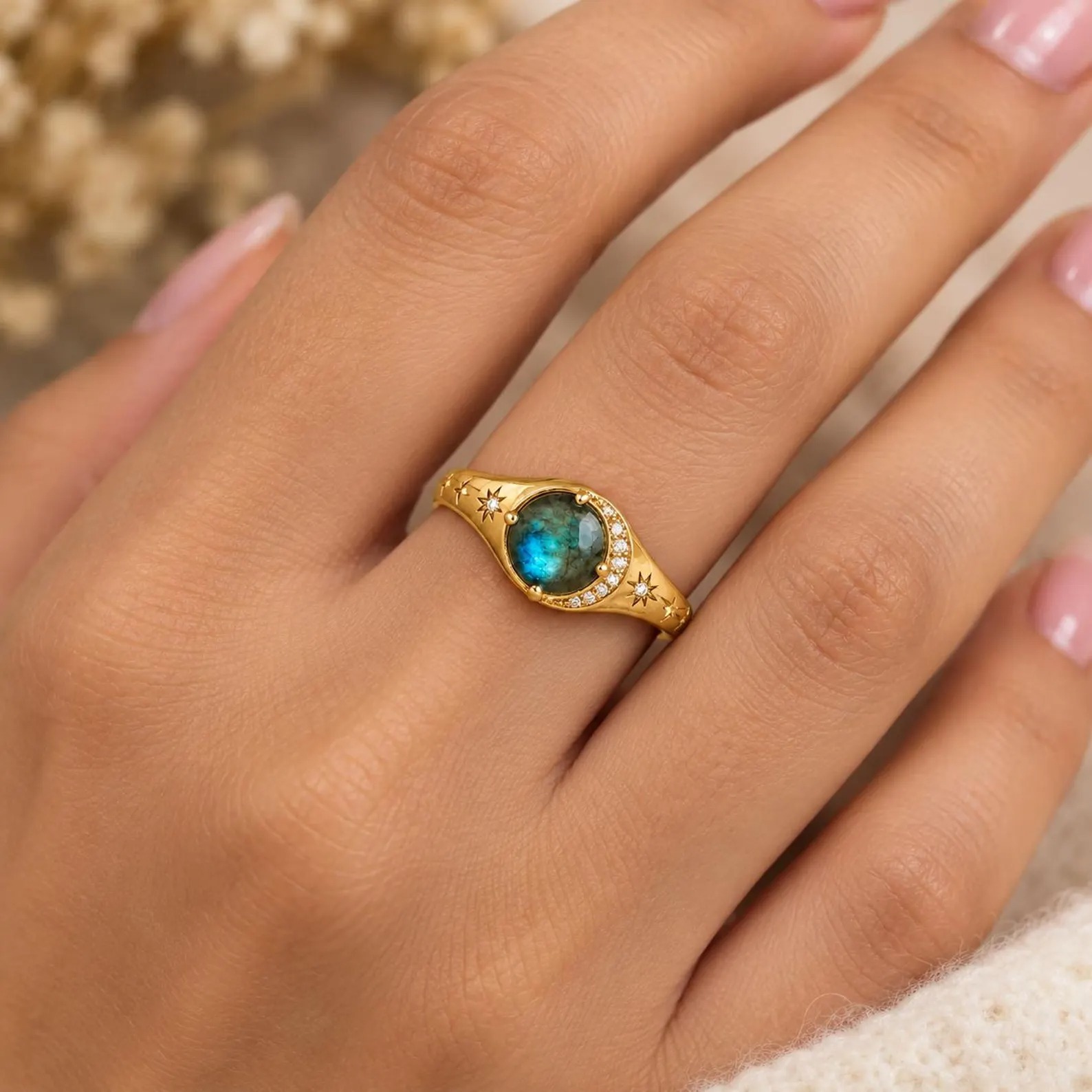 Vintage Natural Labradorite Diamond Summer jewelry, Moon Crescent Wedding Ring Diamond Moon And Star Ring Minimalist Summer Gift Anniversary