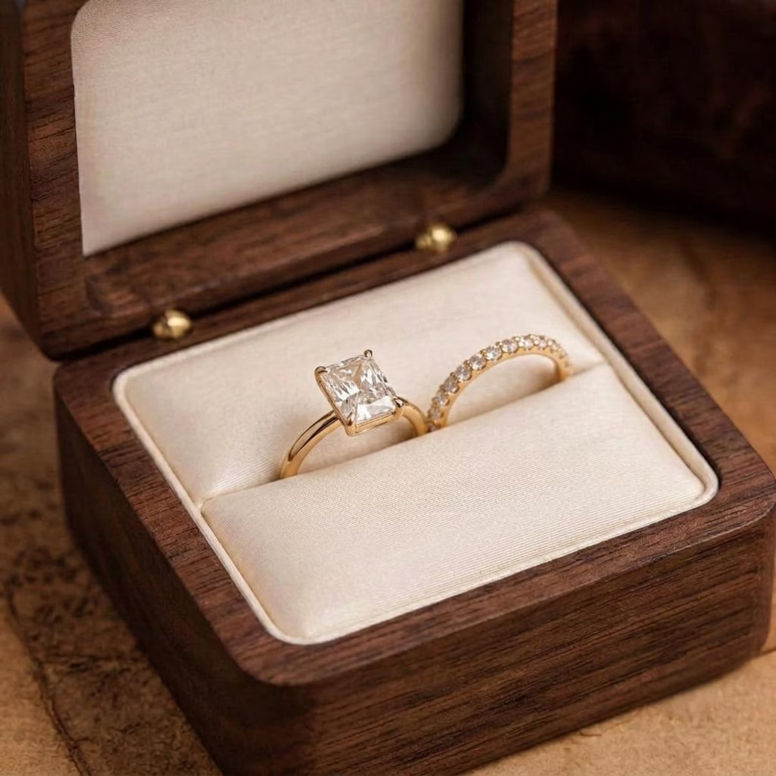 Hidden halo.Gold over Sterling Silver 925 Bridal Set with 3CT Radiant Cut CZ engagement ring with hidden halo and half eternity band.