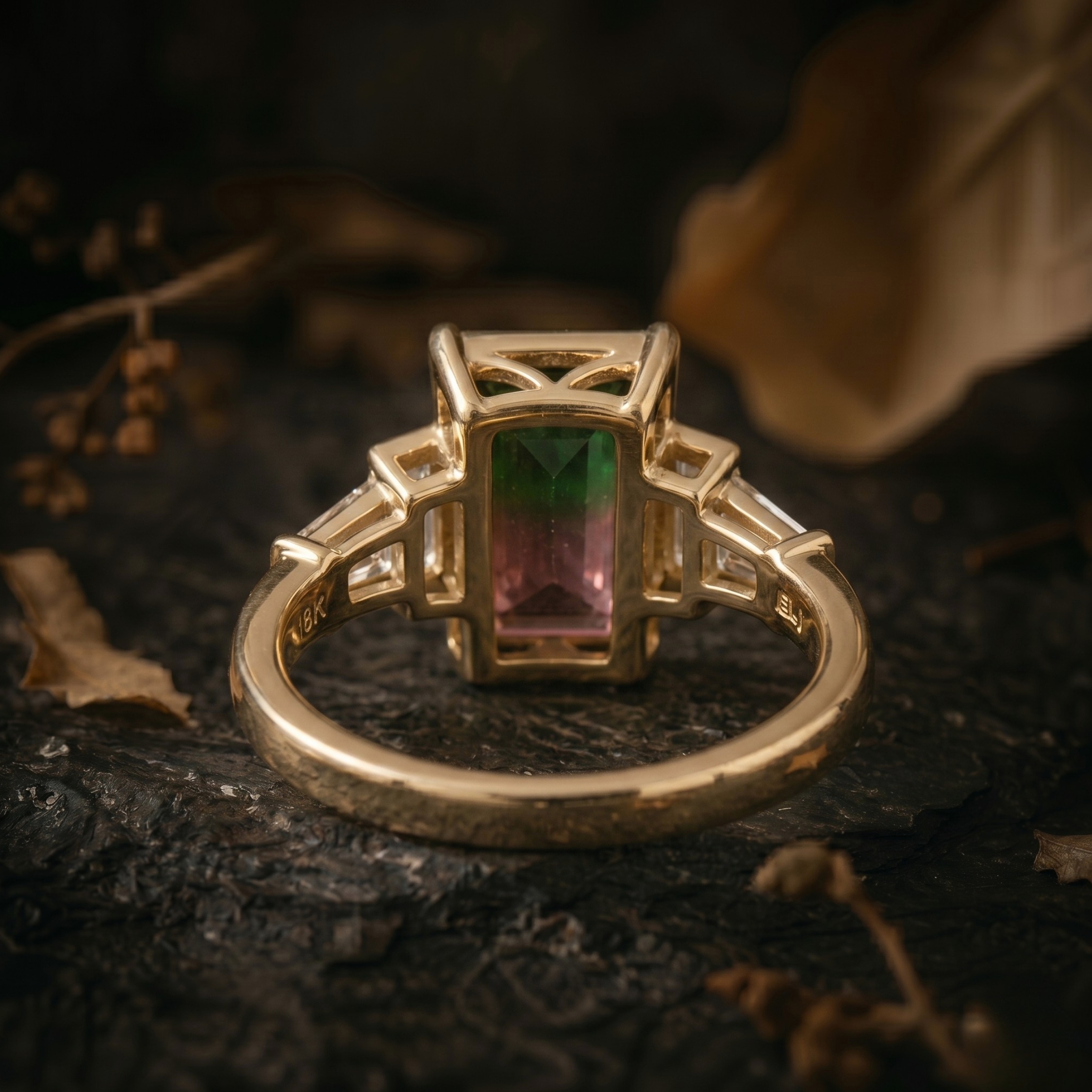 Vintage Watermelon Tourmaline Ring, Five Stone Engagement Ring, Pink & Green Gemstone Ring, Baguette Cut Moissanite Anniversary Bridal Gift