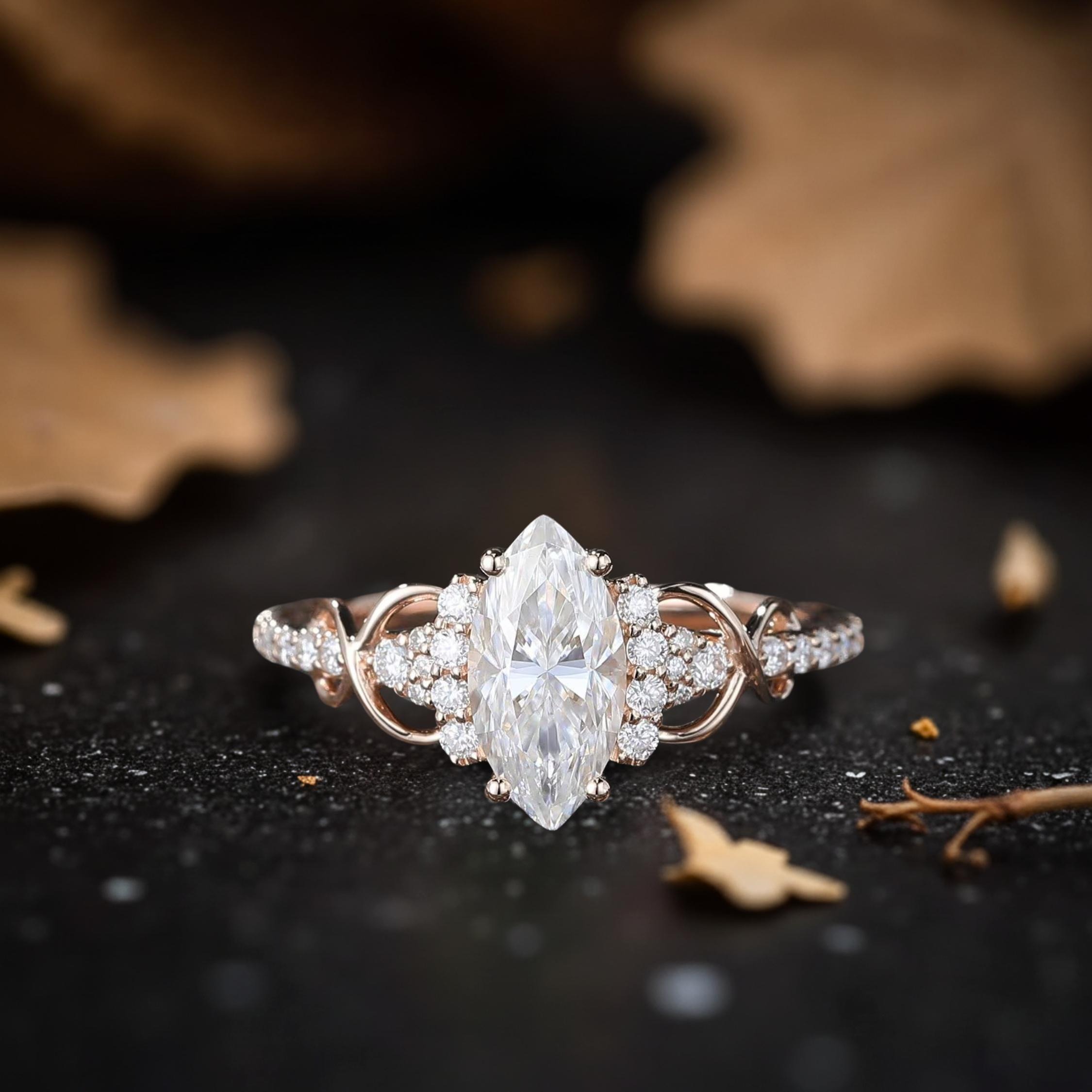 Marquise Cut Moissanite Engagement Ring Set, 14k Rose Gold Bridal Ring Set, Unique Diamond Cluster Wedding Stacking Band, Anniversary Gift