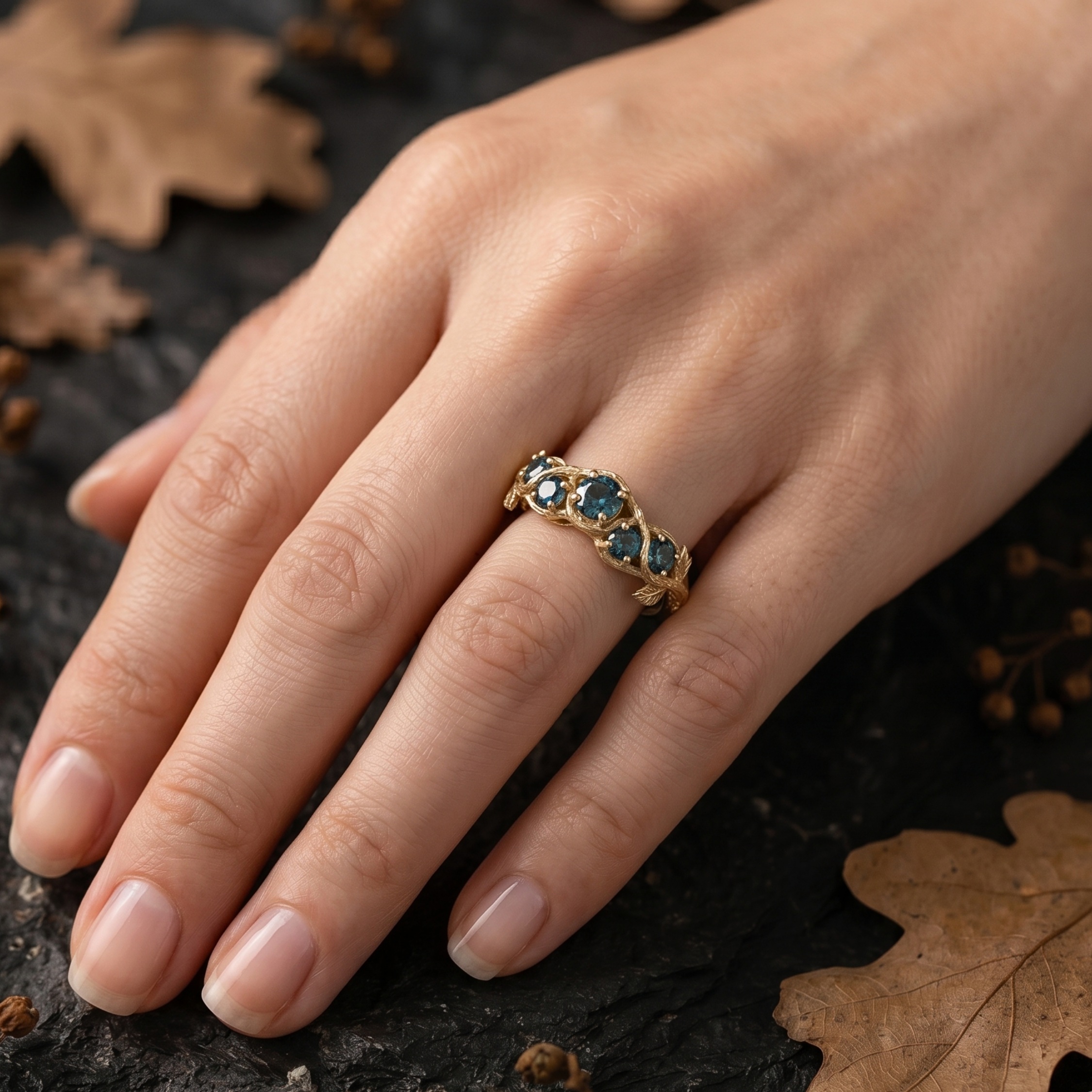 Unique Round Cut Teal Montana Sapphire Engagement Ring, September Birthstone Nature Inspired Leaf Ring, Anniversary Birthday Gift For Women