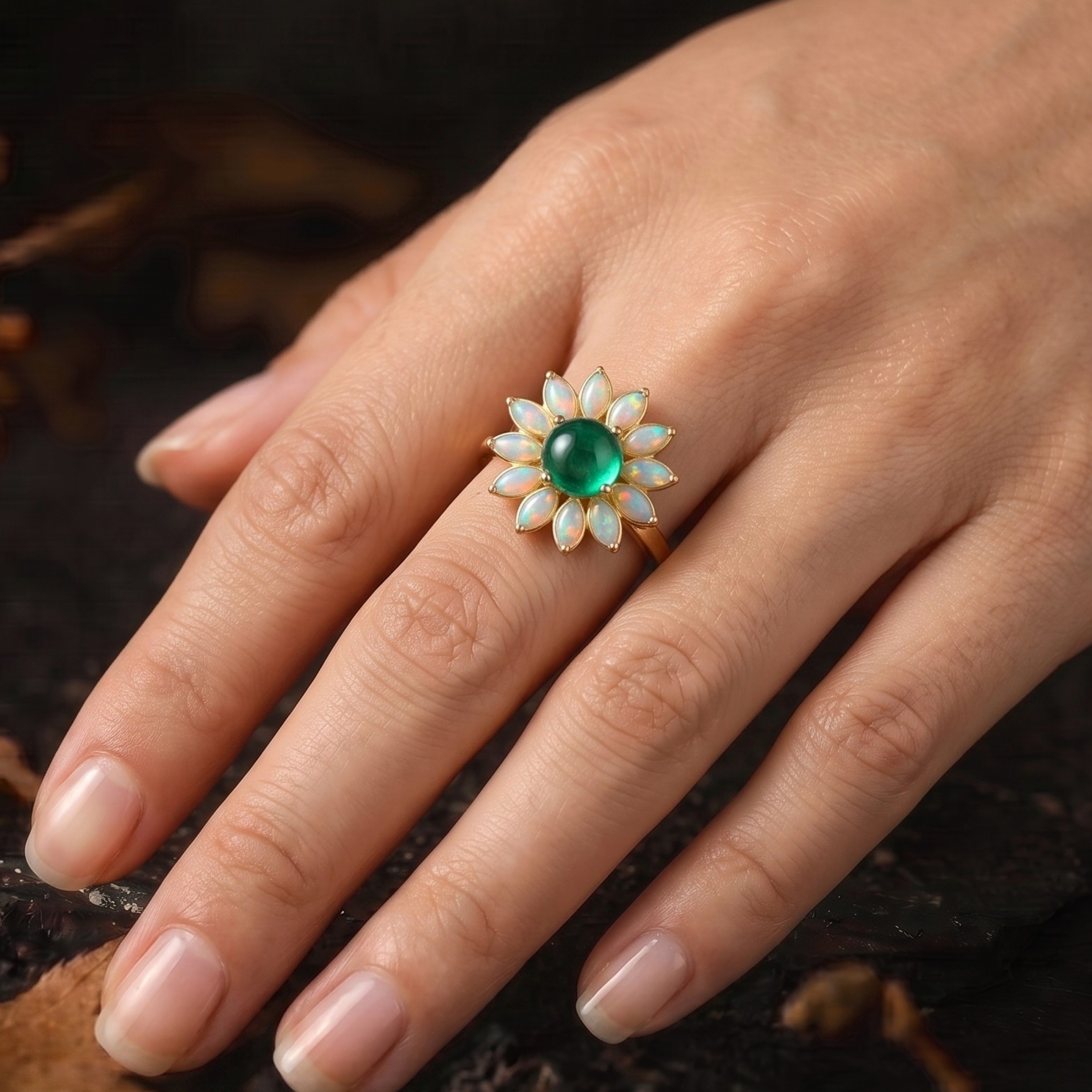 Vintage Garnet Opal Wedding Ring, Nature Inspired Floral Cluster Ring for Her October Birthstone Gift, 14K Gold Emerald Jewelry Gift For Her
