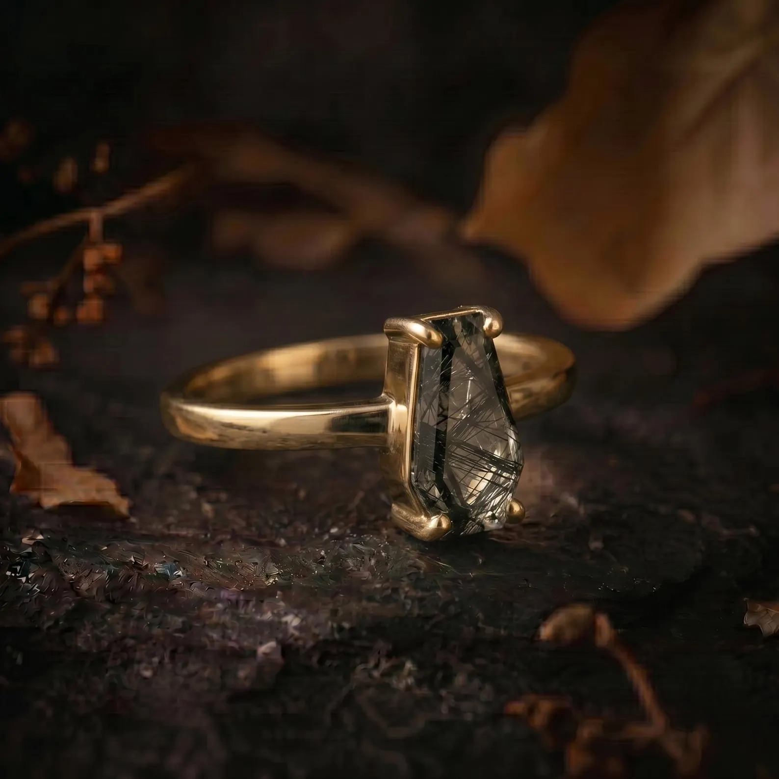 Vintage Coffin Cut Black Rutile Quartz Engagement Ring, Unique Handmade Art deco Gold Wedding Ring Bridal Promise Ring Birthday Gift For Her