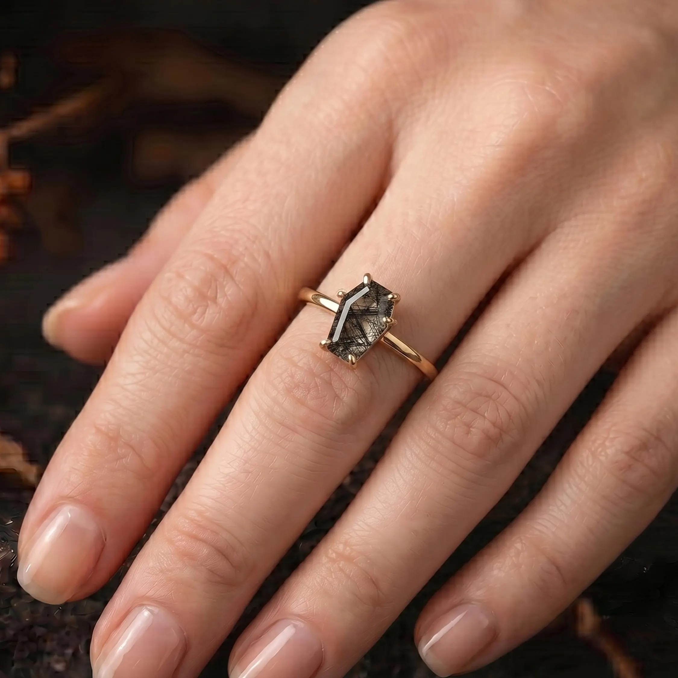 Vintage Coffin Cut Black Rutile Quartz Engagement Ring, Unique Handmade Art deco Gold Wedding Ring Bridal Promise Ring Birthday Gift For Her