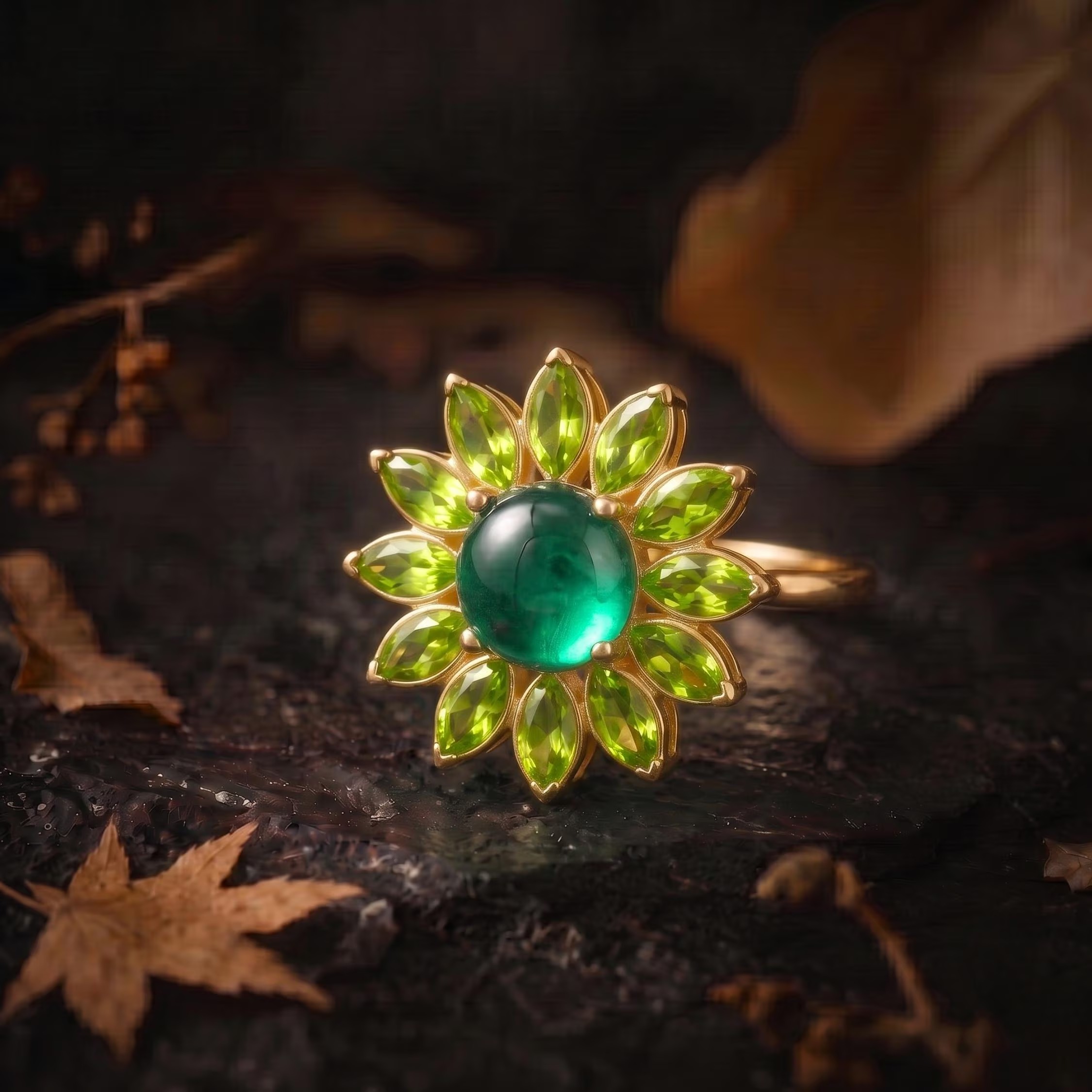 Vintage Art Deco Green Emerald Peridot Flower Halo Engagement Ring, Handmade Nature Inspired Women Jewelry, Fine Green Stone Gift For Women