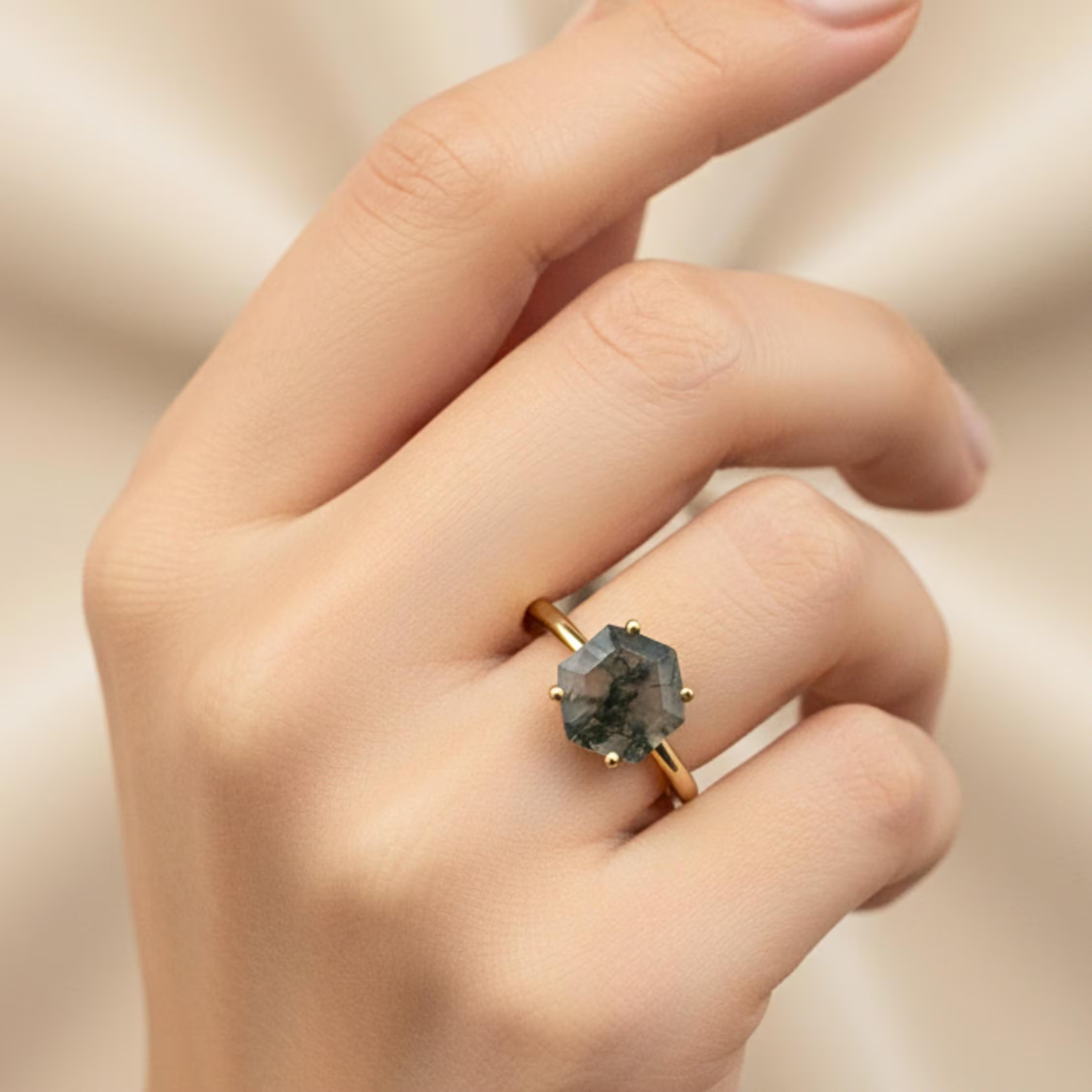 Hexagon Moss Agate Ring, 14k Gold Engagement Ring, Green Gemstone Ring Vintage Promise Ring, Art Deco Dainty Solitaire Ring Anniversary Gift