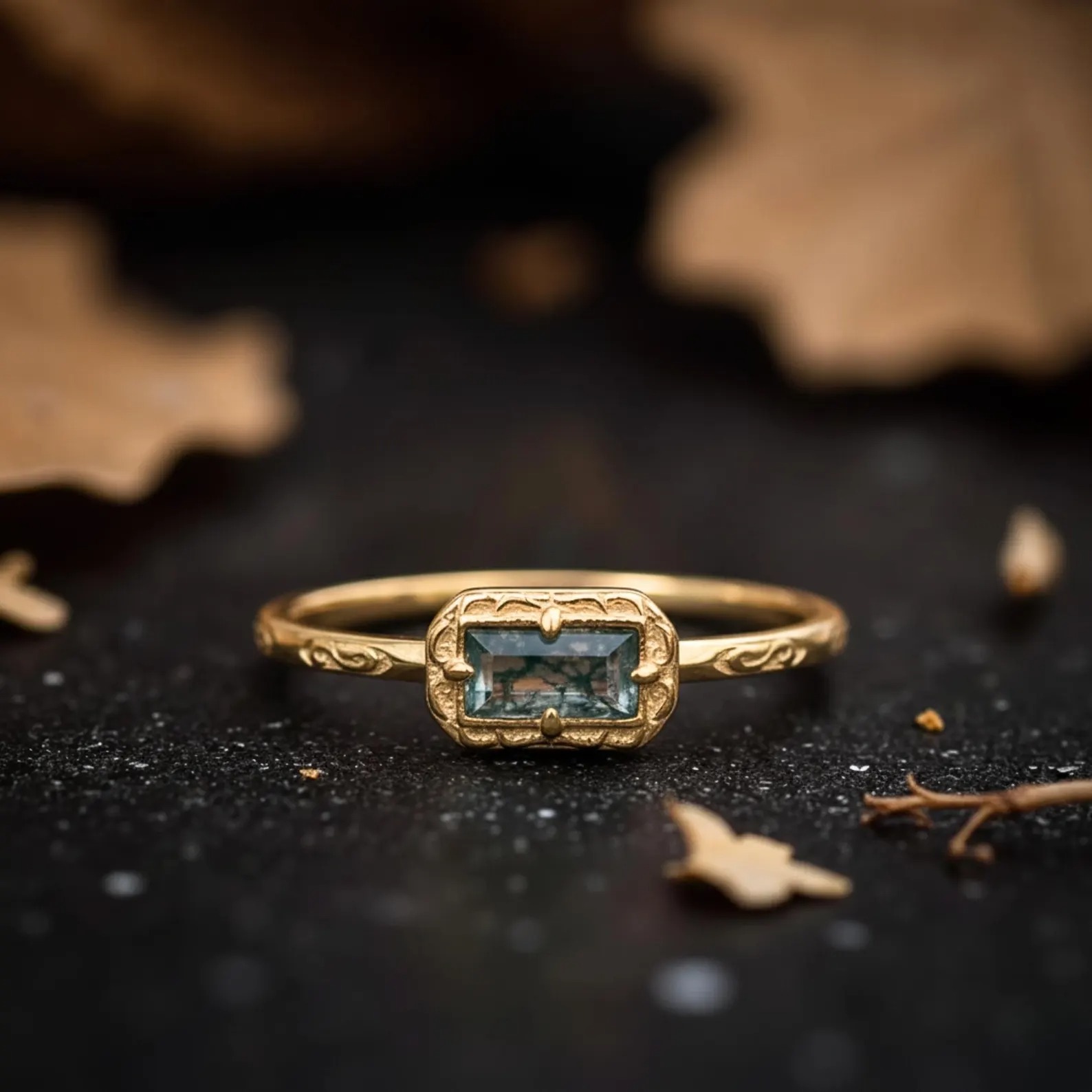 Natural Baguette Shaped Moss Agate Engagement Ring, Nature Inspired Yellow Gold Art Deco Unique Promise Ring, Anniversary Gift for Her