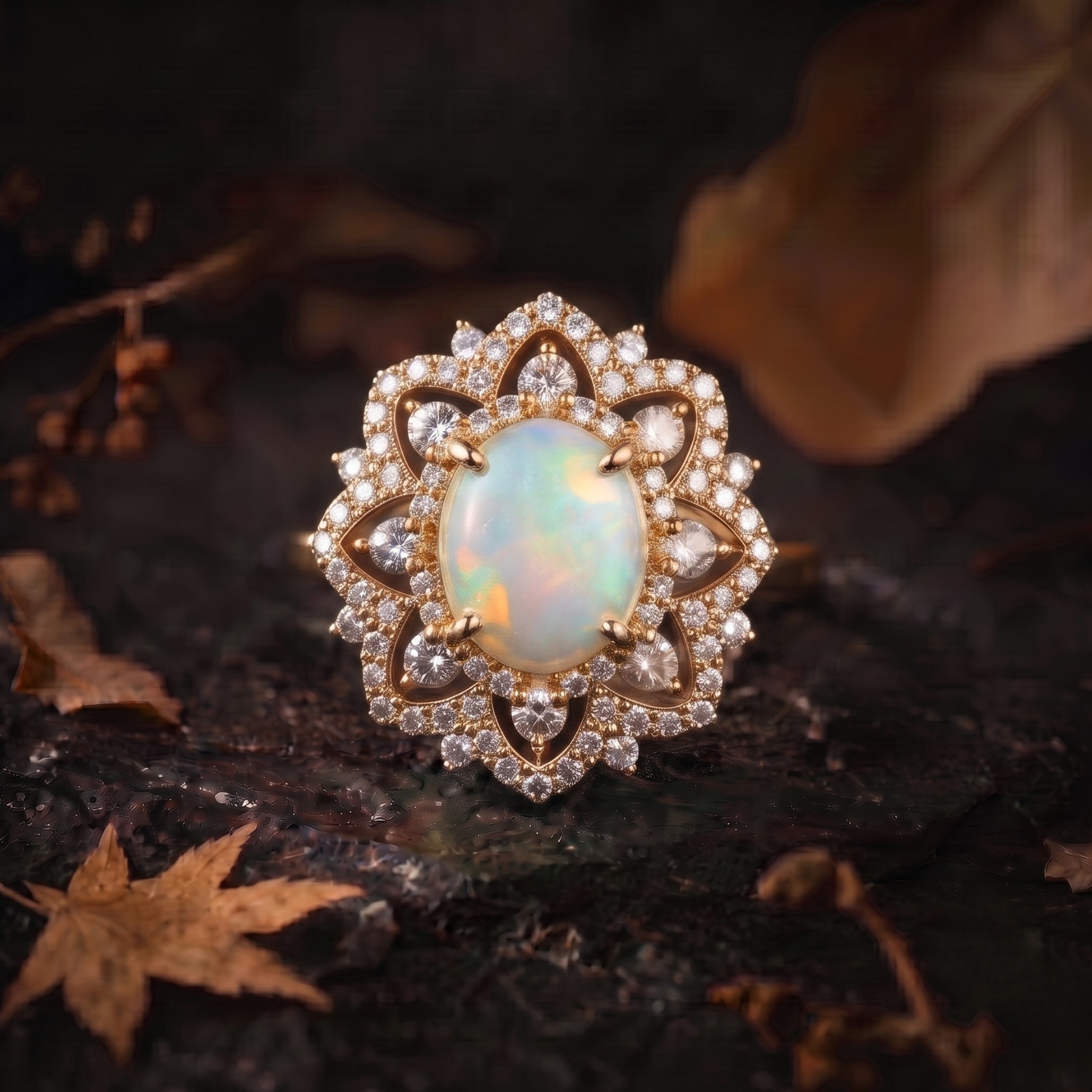Unique Oval Cut White Opal Moissanite Engagement Ring, 14k White Opal Promise Wedding Ring for Women, Oval Opal Nature Inspired Ring Gift
