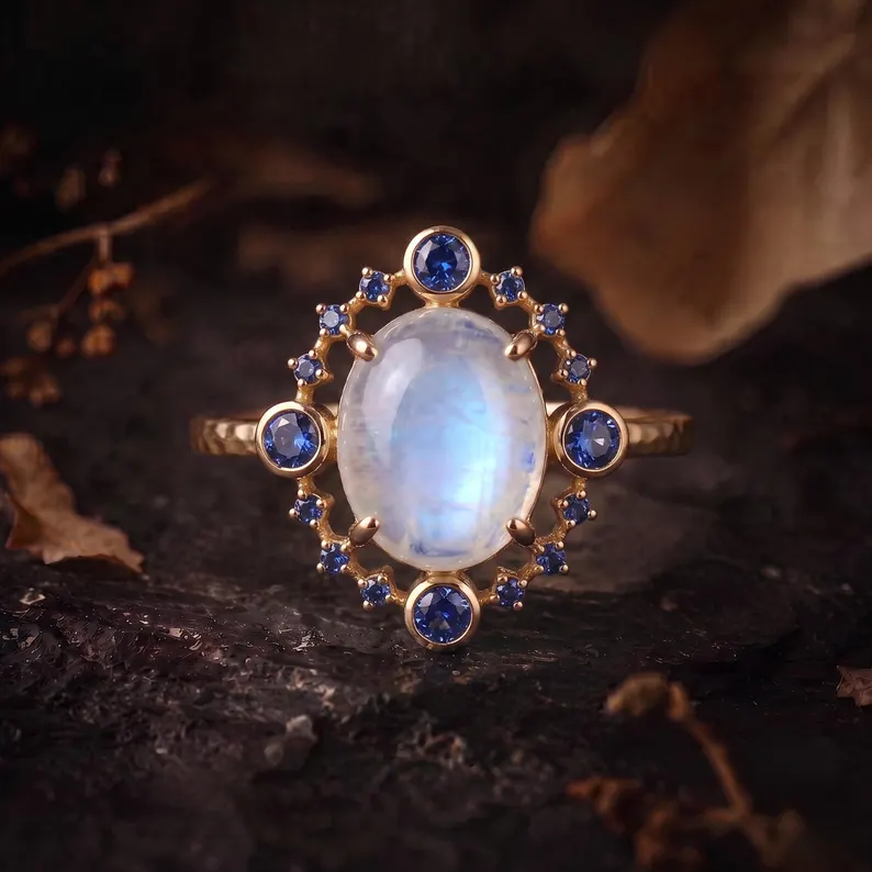 Vintage Oval Cut Moonstone Sapphire Engagement Ring, September Birthstone Jewelry, Promise Wedding Ring, Anniversary Birthday Gifts For Her