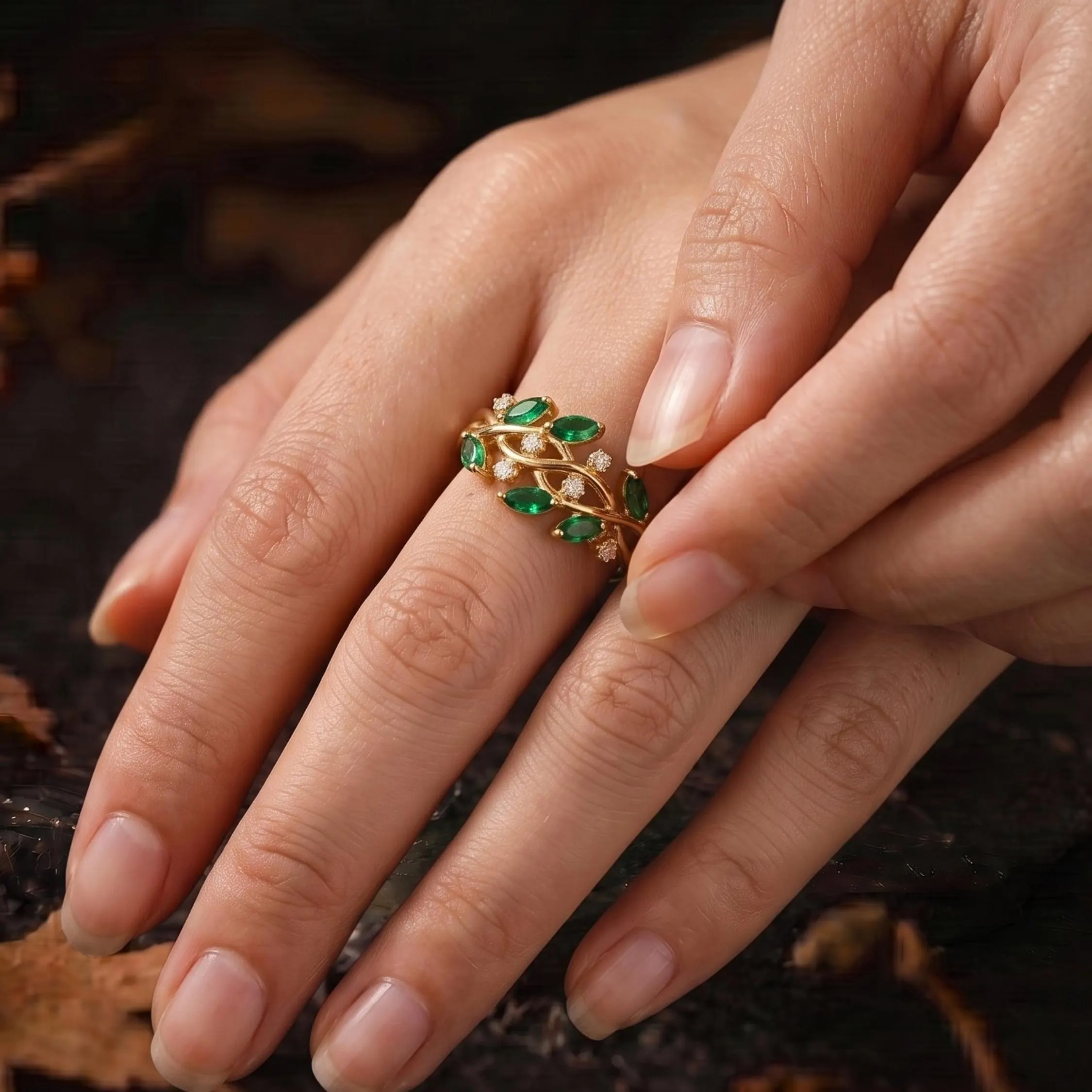 Unique Marquise Cut Emerald Engagement Ring/May Birthstone Nature Inspired Leaf Ring/Moissanite Promise Anniversary Birthday Gift For Women