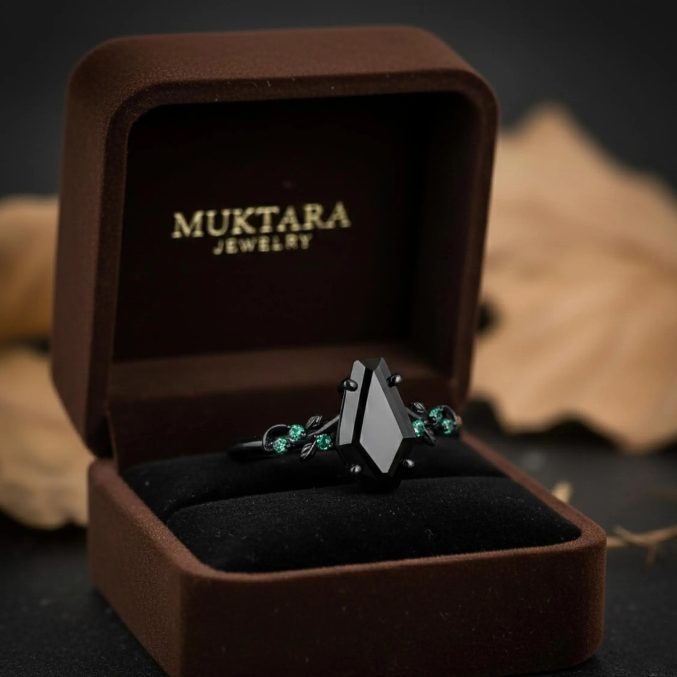 Vintage Coffin Cut Black Onyx Nature Inspired Engagement Ring, Unique Handmade Art deco Black Gold Leaf Design Emerald Wedding Promise Ring