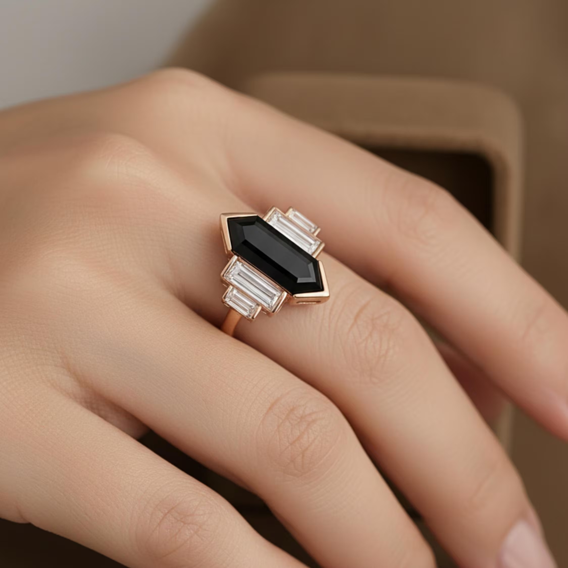 Vintage Art Deco Emerald Cut Green Tourmaline Peridot Ring, Unique Rose Gold Engagement Ring, Geometric Statement Wedding Ring, Gift For Her