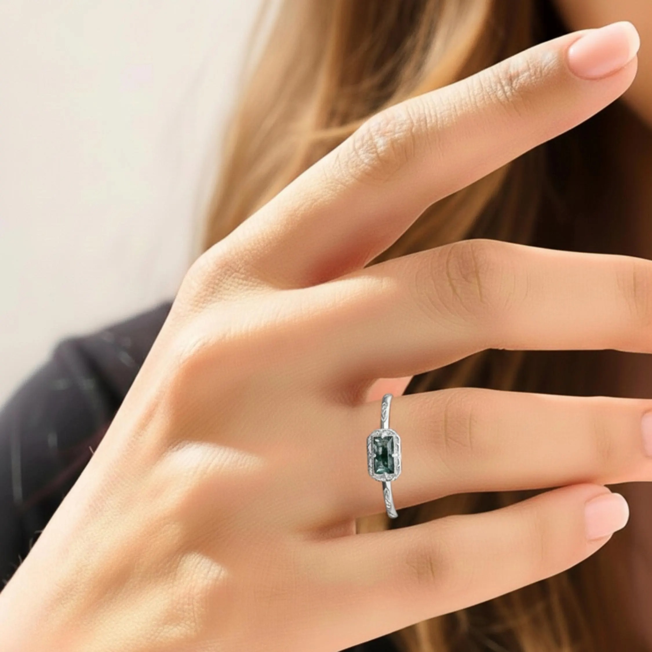 Natural Baguette Shaped Moss Agate Engagement Ring, Nature Inspired Yellow Gold Art Deco Unique Promise Ring, Anniversary Gift for Her