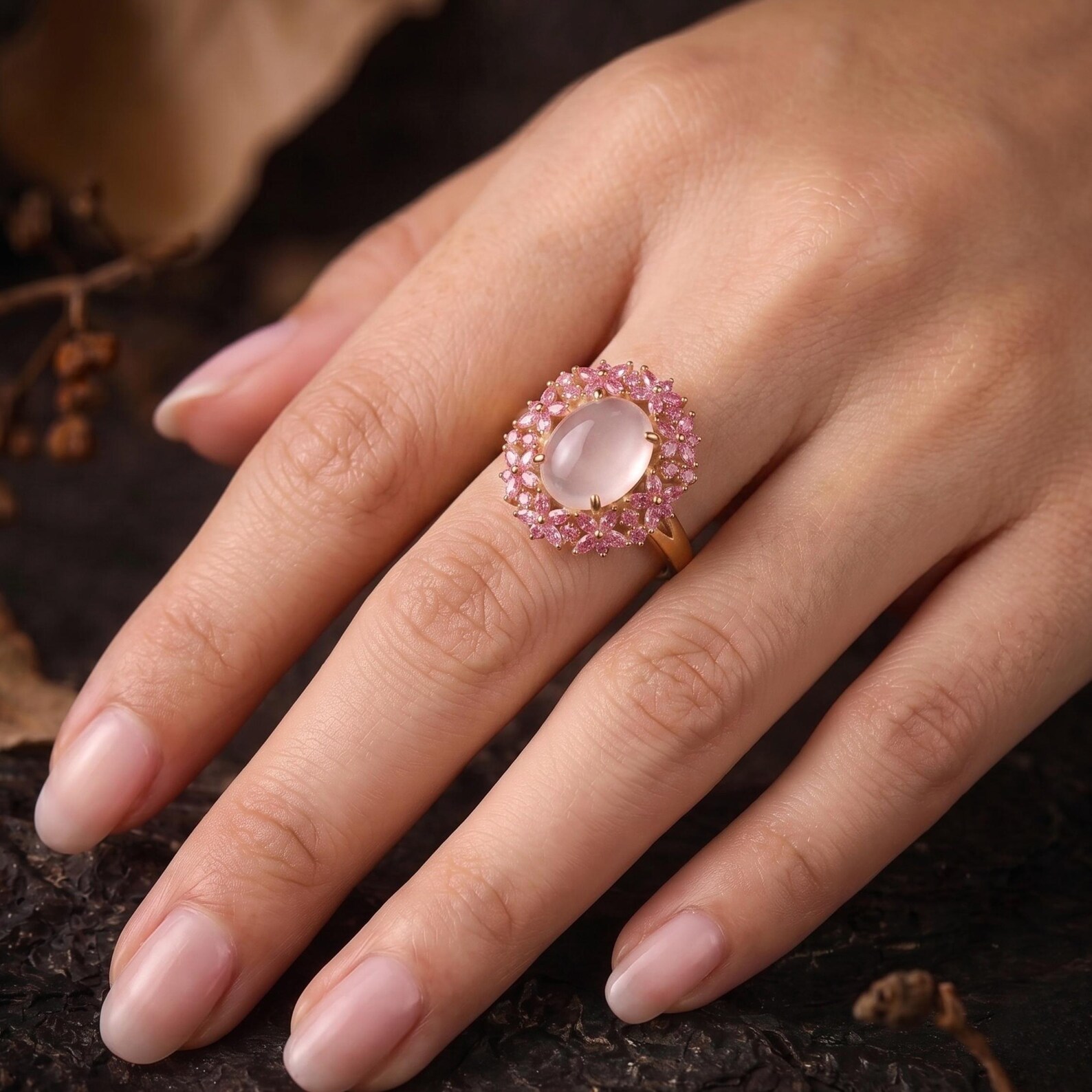 Unique Marquise Cut Flower Pink Sapphire Engagement Ring, Rose Quartz Floral Twist Promise Ring, Pink Gemstone, Leaf Design Nature Ring Gift
