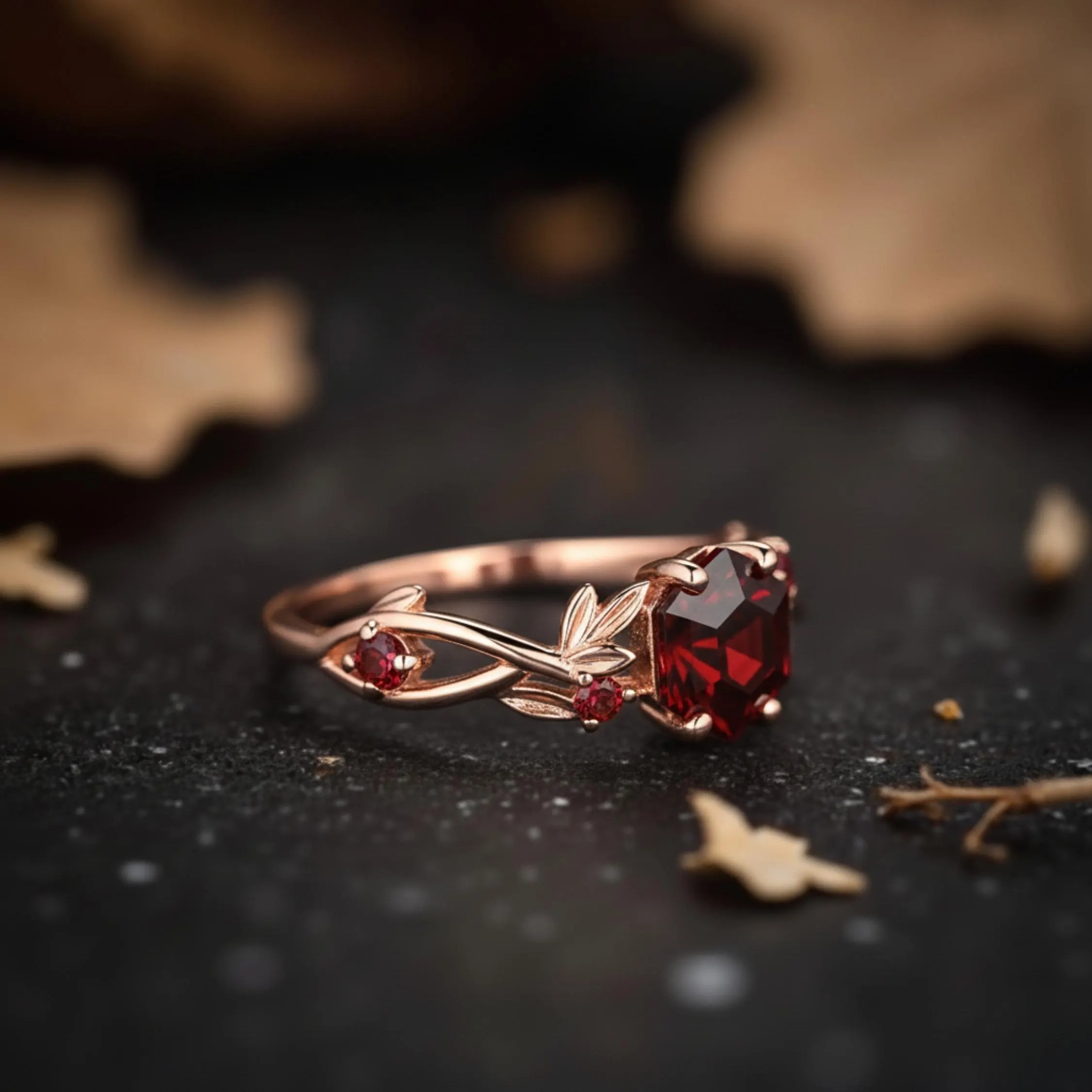 Hexagon Cut Garnet Engagement Ring, Nature Inspired Unique Fairytale Gold Wedding Ring, Green Tree Leaf Branch Twist Ring, Anniversary Gift