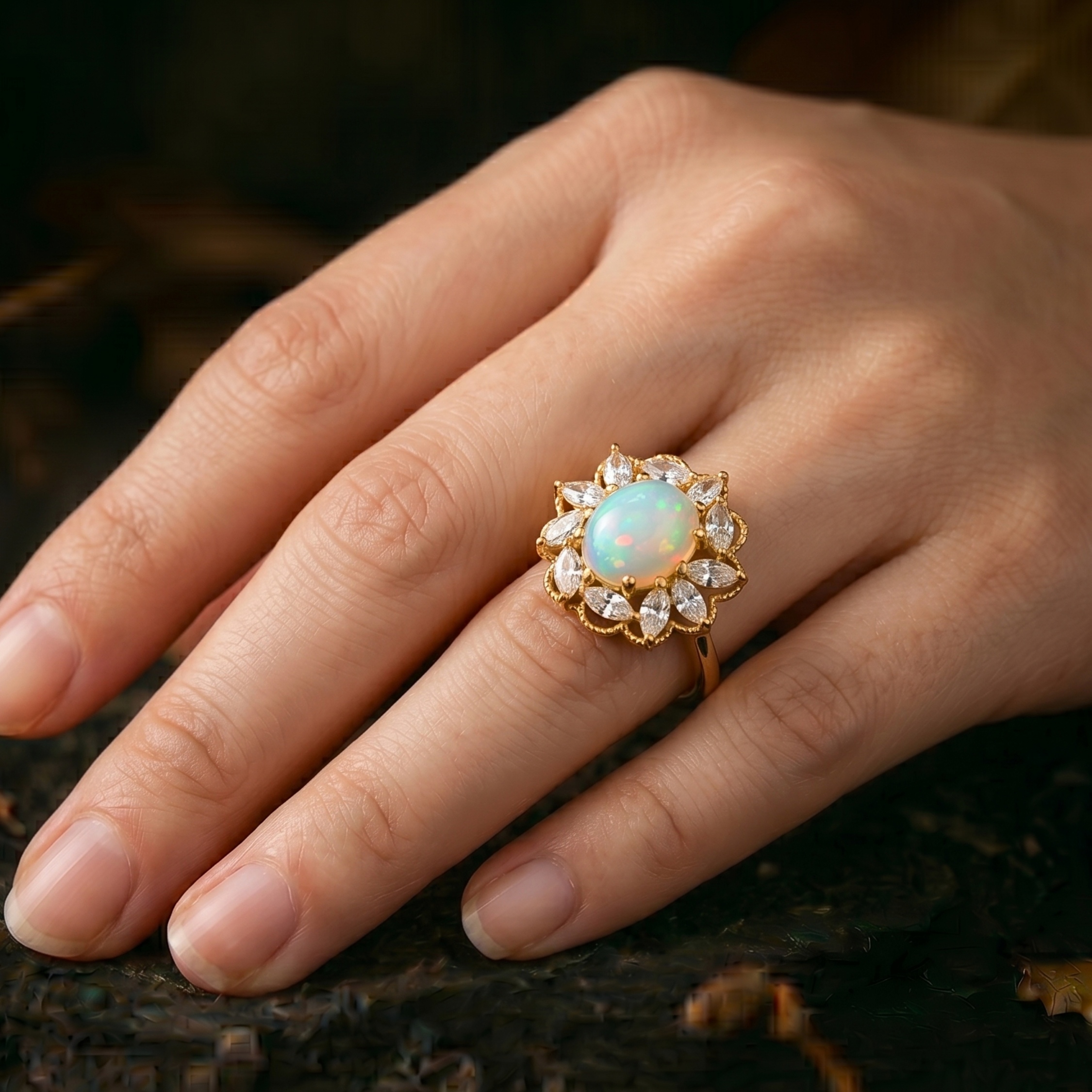Unique Marquise Cut Flower Moissanite Engagement Ring, 14k White Opal Floral Promising Jewelry for Women, Oval Opal Anniversary Gift For Her