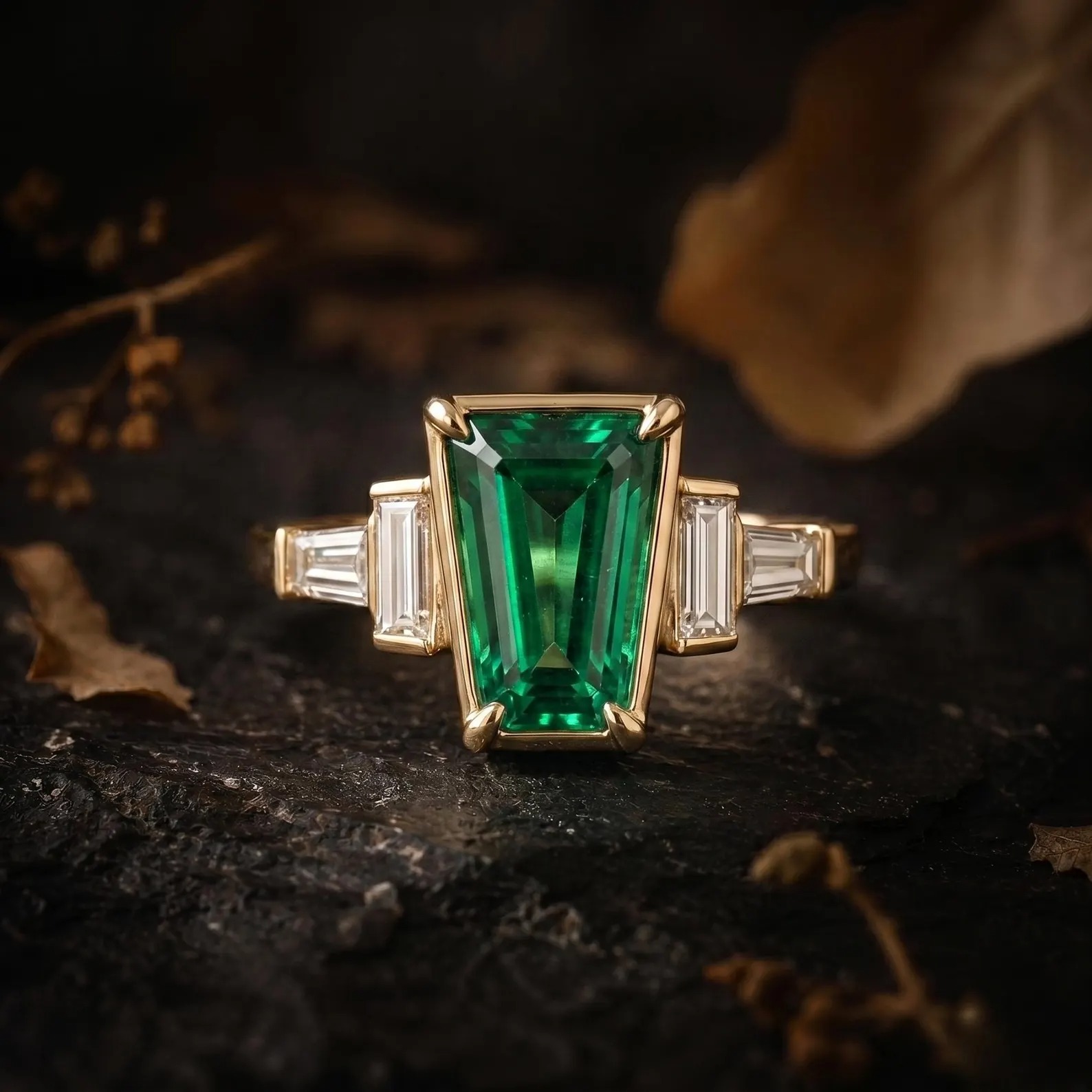 Genuine 14k Yellow Gold Emerald Engagement Ring, Vintage May Birthstone Jewelry, Baguette Cut Moissanite Promise Cluster Ring, Gifts for her