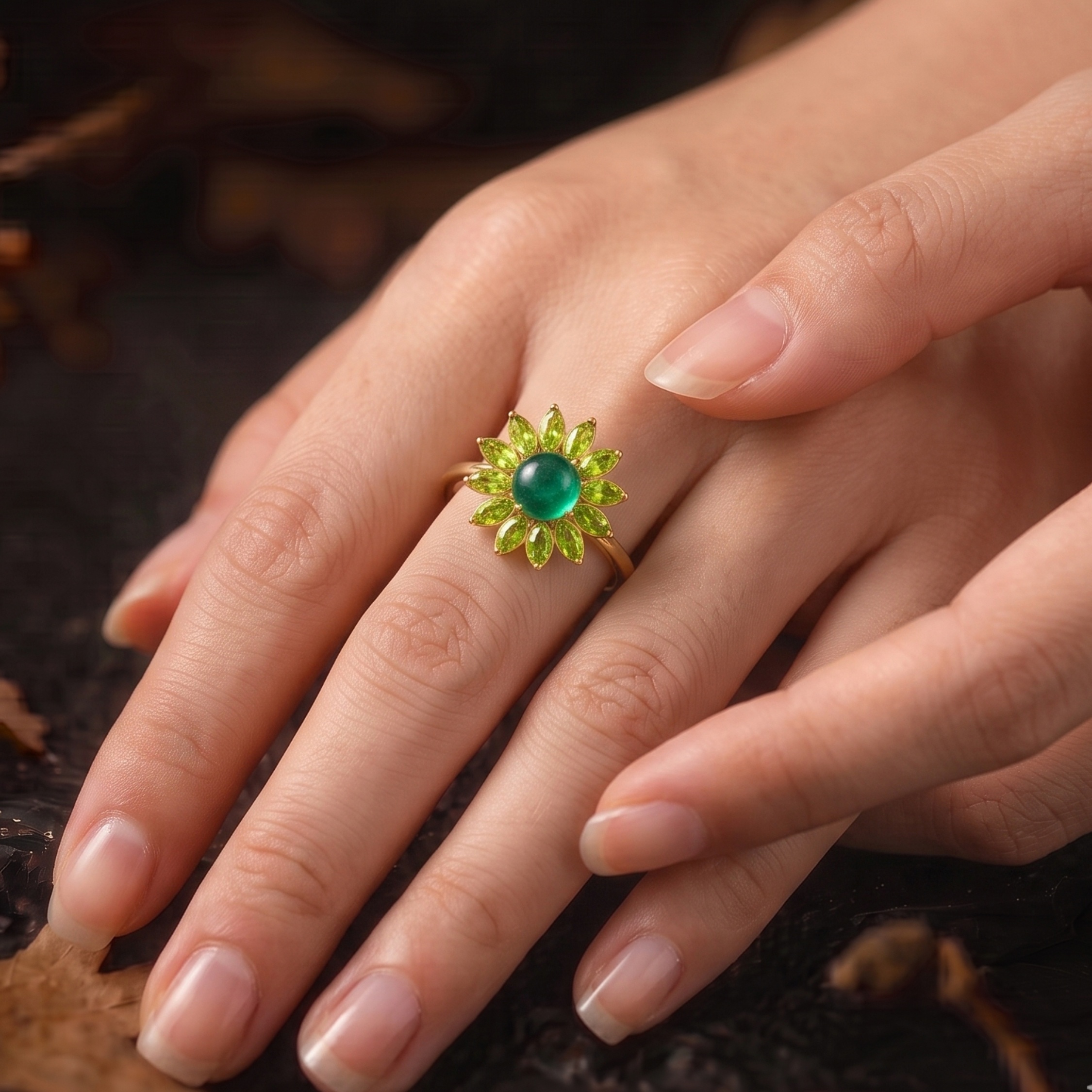 Vintage Art Deco Green Emerald Peridot Flower Halo Engagement Ring, Handmade Nature Inspired Women Jewelry, Fine Green Stone Gift For Women