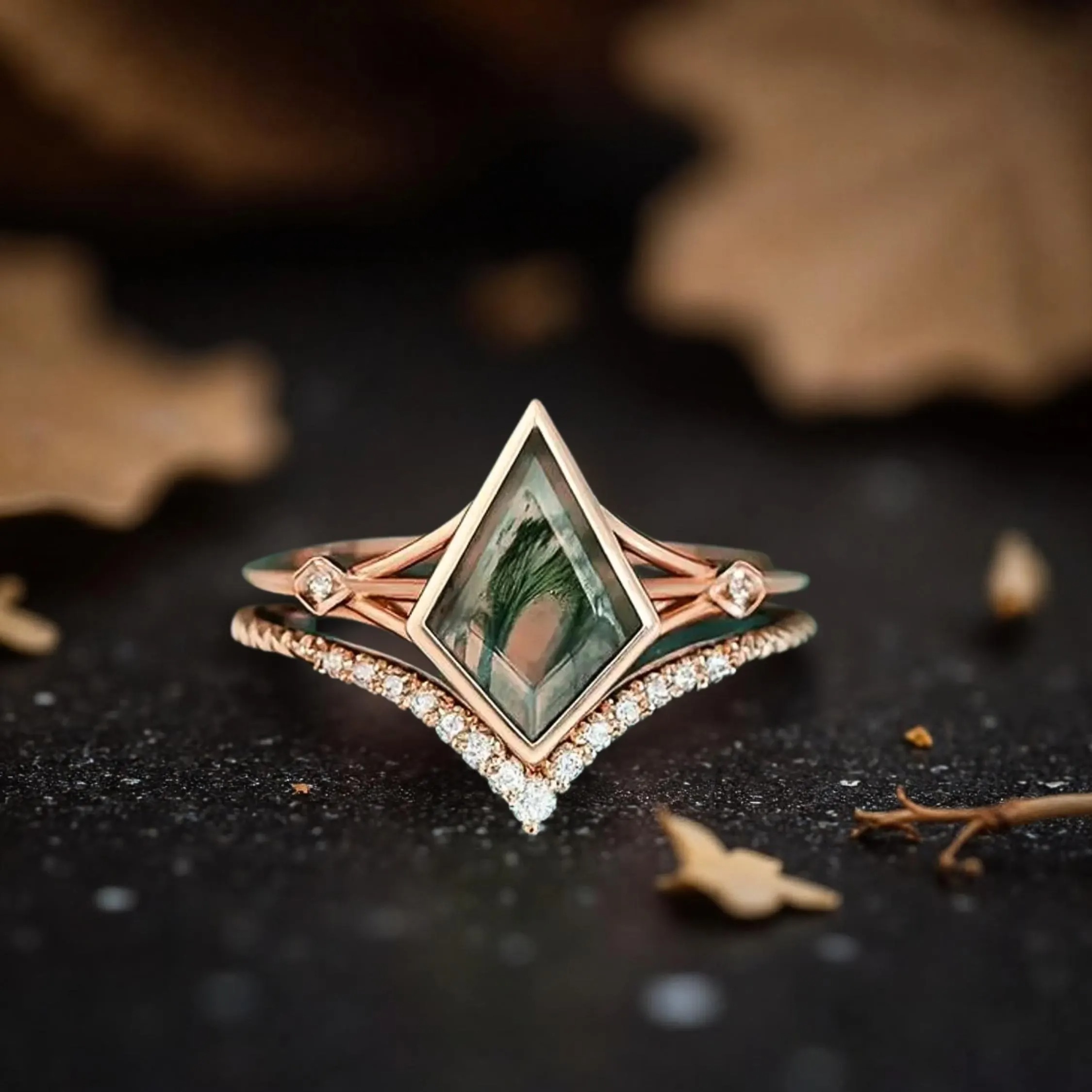 Vintage Kite Cut Green Moss Agate Engagement Ring Set 14k Rose Gold Wedding Moissanite Ring Unique Bridal Jewelry Anniversary Gift For Women
