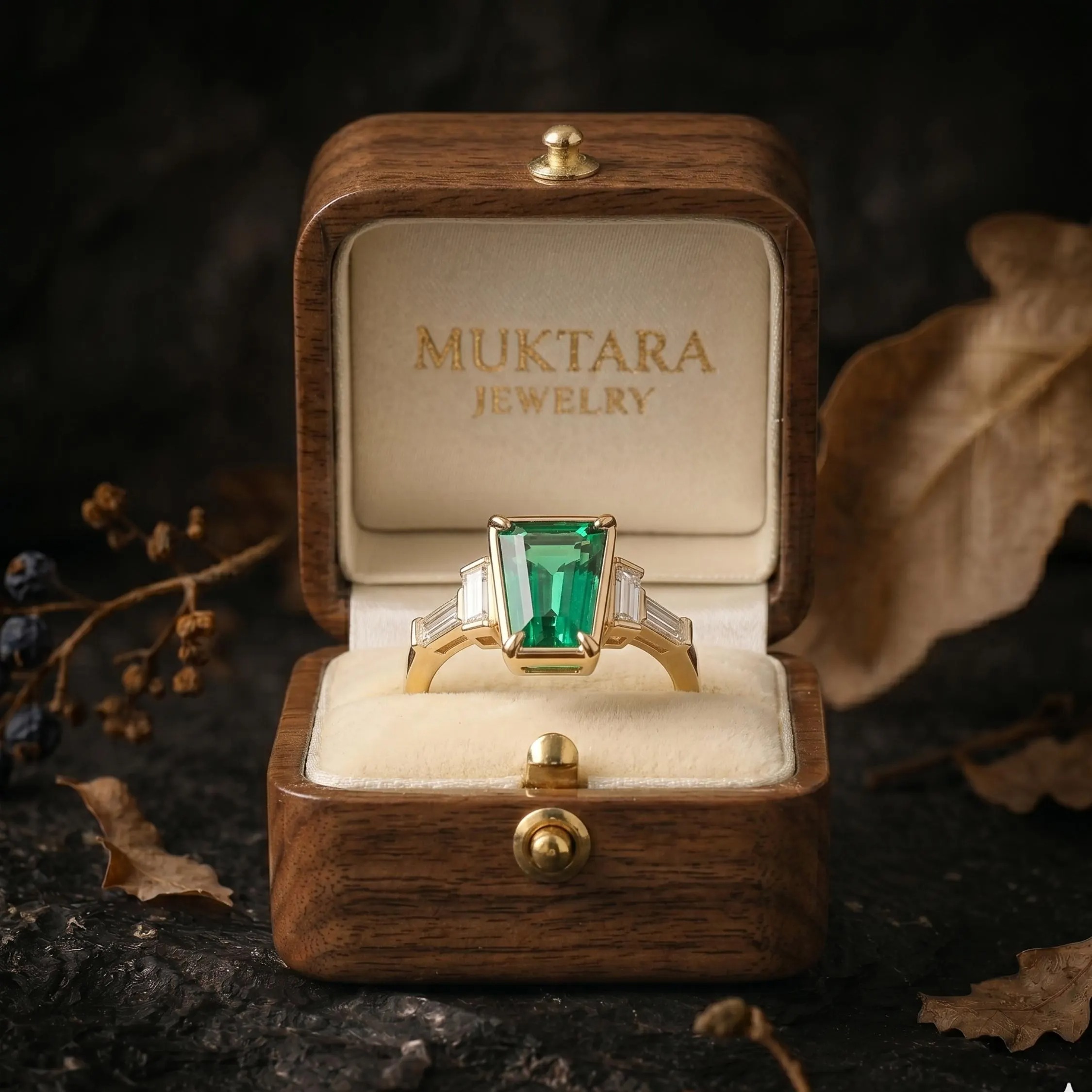 Genuine 14k Yellow Gold Emerald Engagement Ring, Vintage May Birthstone Jewelry, Baguette Cut Moissanite Promise Cluster Ring, Gifts for her