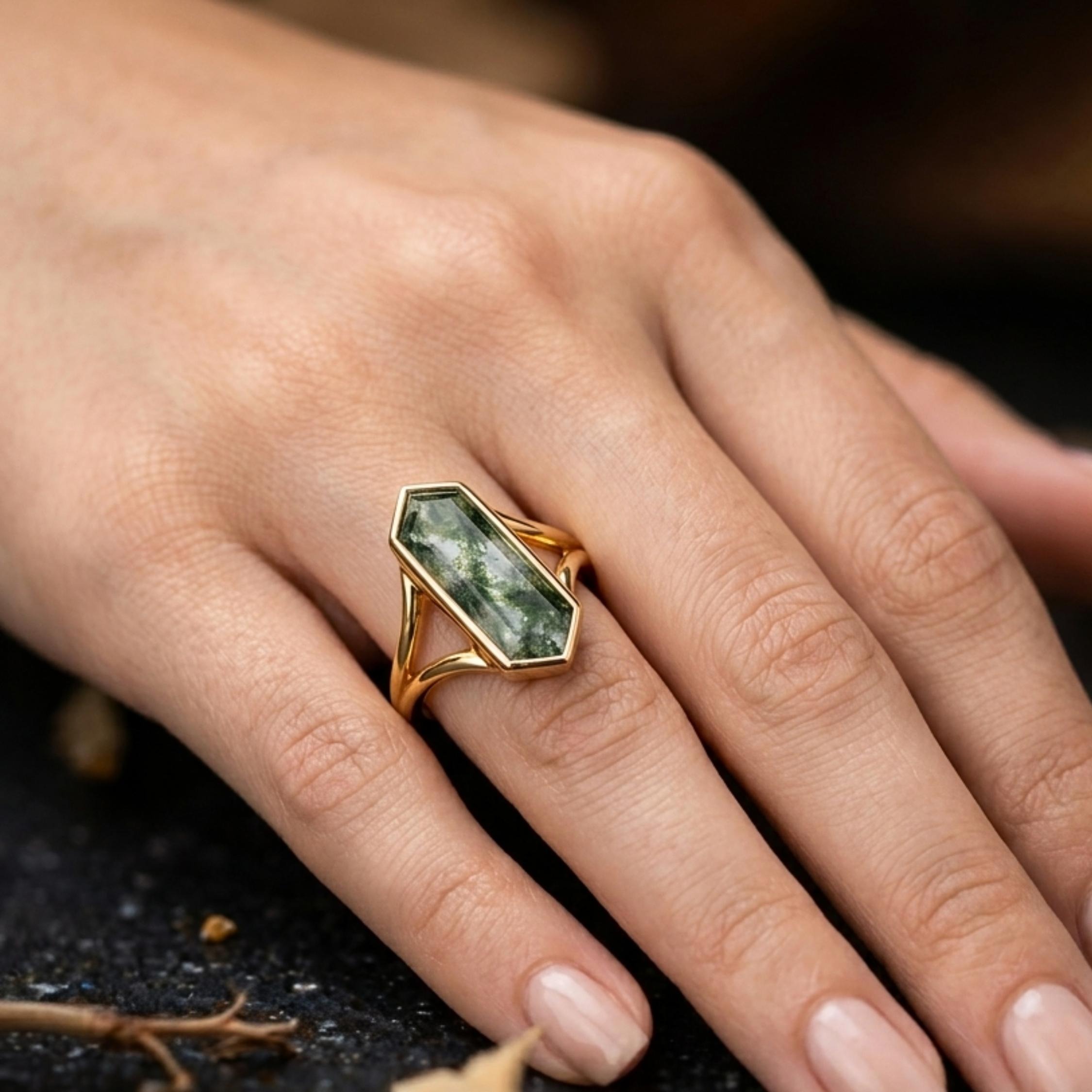 Vintage Style Long Hexagon Cut Natural Moss Agate Engagement Ring, Bezel Set Art Deco Bridal Jewelry, Unique Wedding Promise Ring Gift By MJ