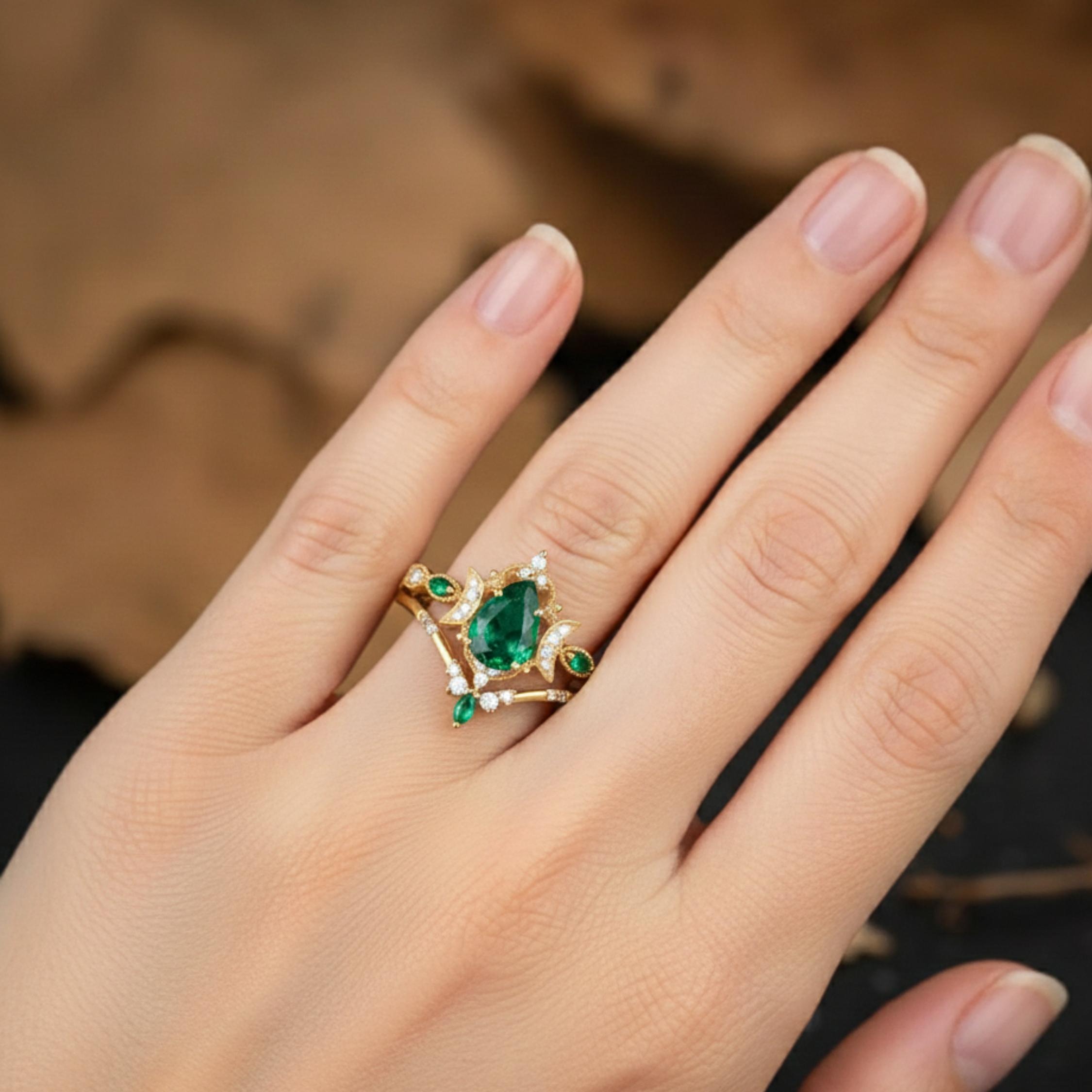 Emerald Moissanite Vine Half Moon Unique floral Engagement ring Pear Shaped Bridal Set Anniversary gift Vintage Wedding Ring Gifts For Women