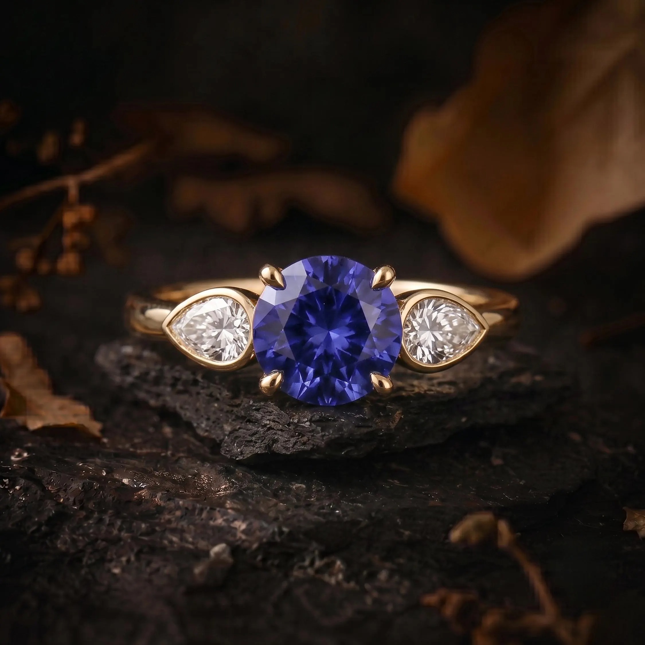 Unique Round Cut Tanzanite Engagement Ring, Pear Cut Tanzanite Moissanite Solitaire Wedding Ring, Vintage Inspired Birthstone Ring December