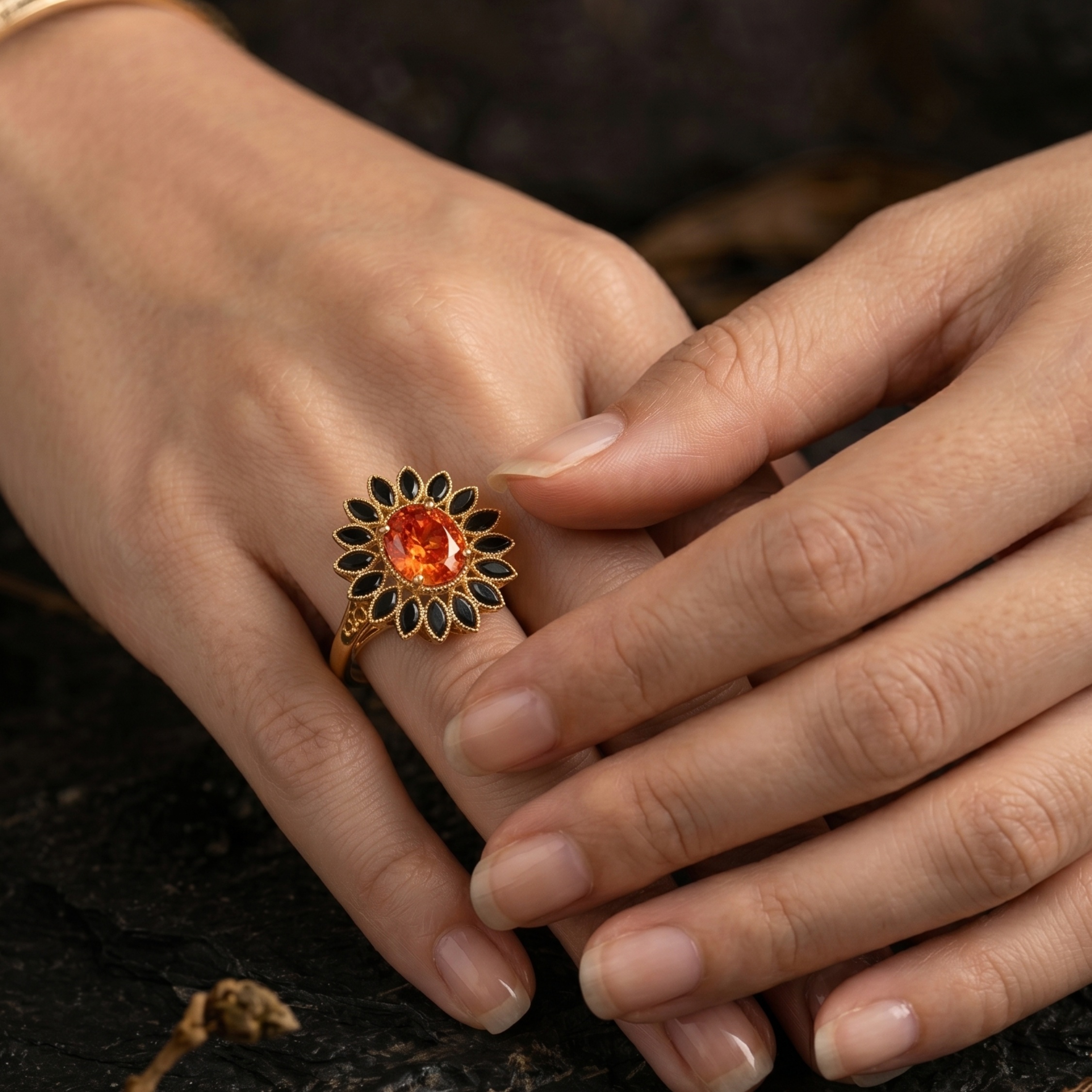 Vintage Oval Sunstone Onyx Flower Ring, Floral Halo Gold Engagement Ring, Black Onyx Spring Summer Trend June Birthstone Boho Gift For Women
