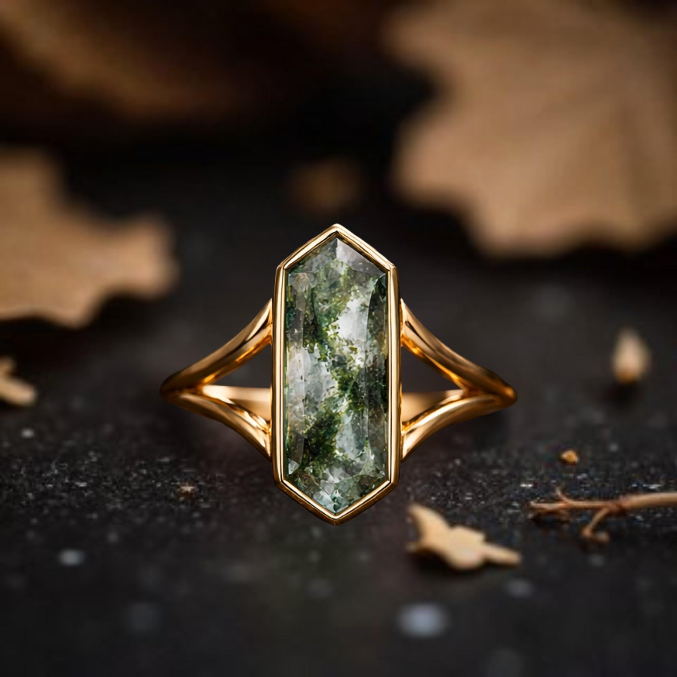 Vintage Style Long Hexagon Cut Natural Moss Agate Engagement Ring, Bezel Set Art Deco Bridal Jewelry, Unique Wedding Promise Ring Gift By MJ