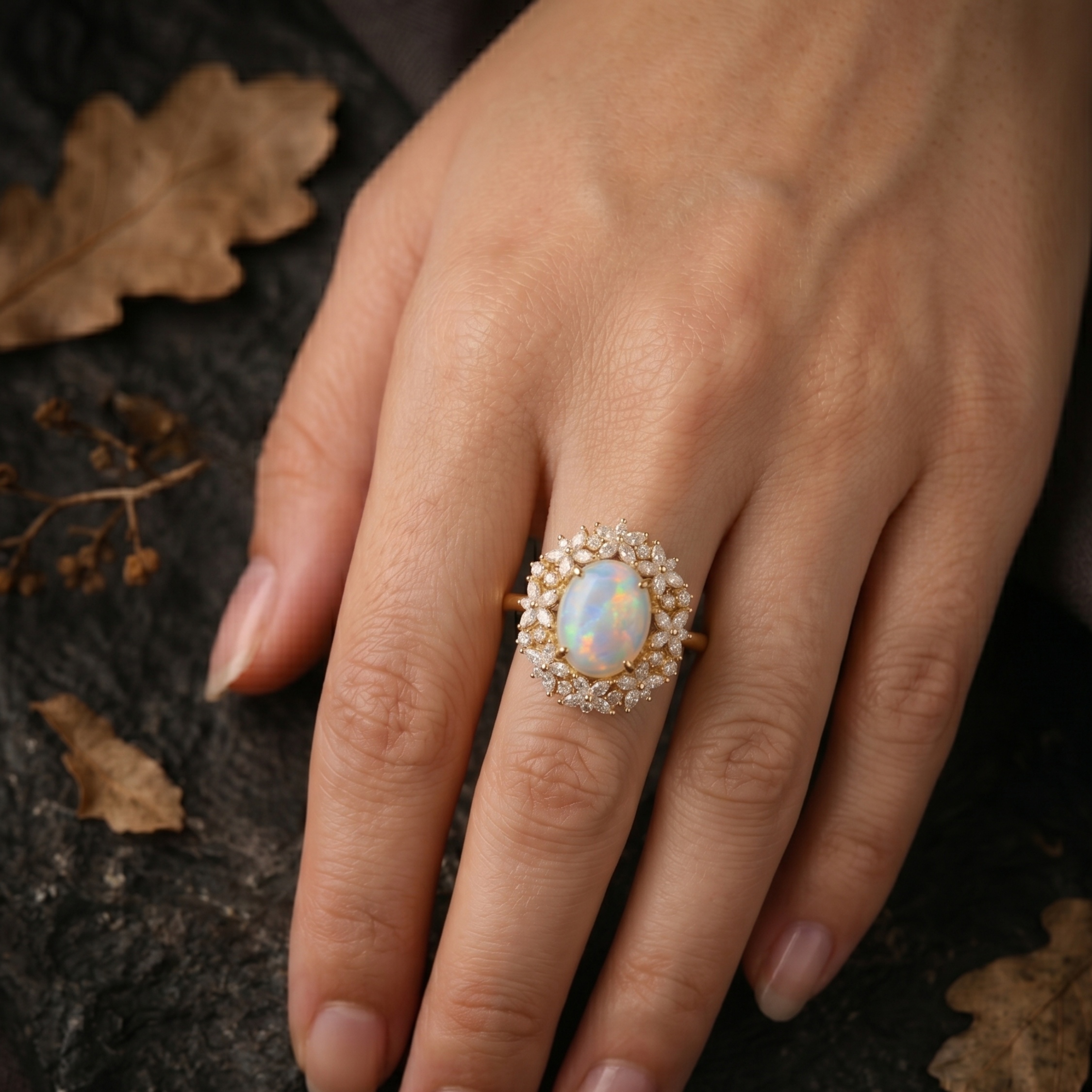 Unique Marquise Cut Flower Moissanite Engagement Ring, 14k Gold Blue Moonstone Floral Twist Promise Ring for Women Oval Nature Inspired Ring