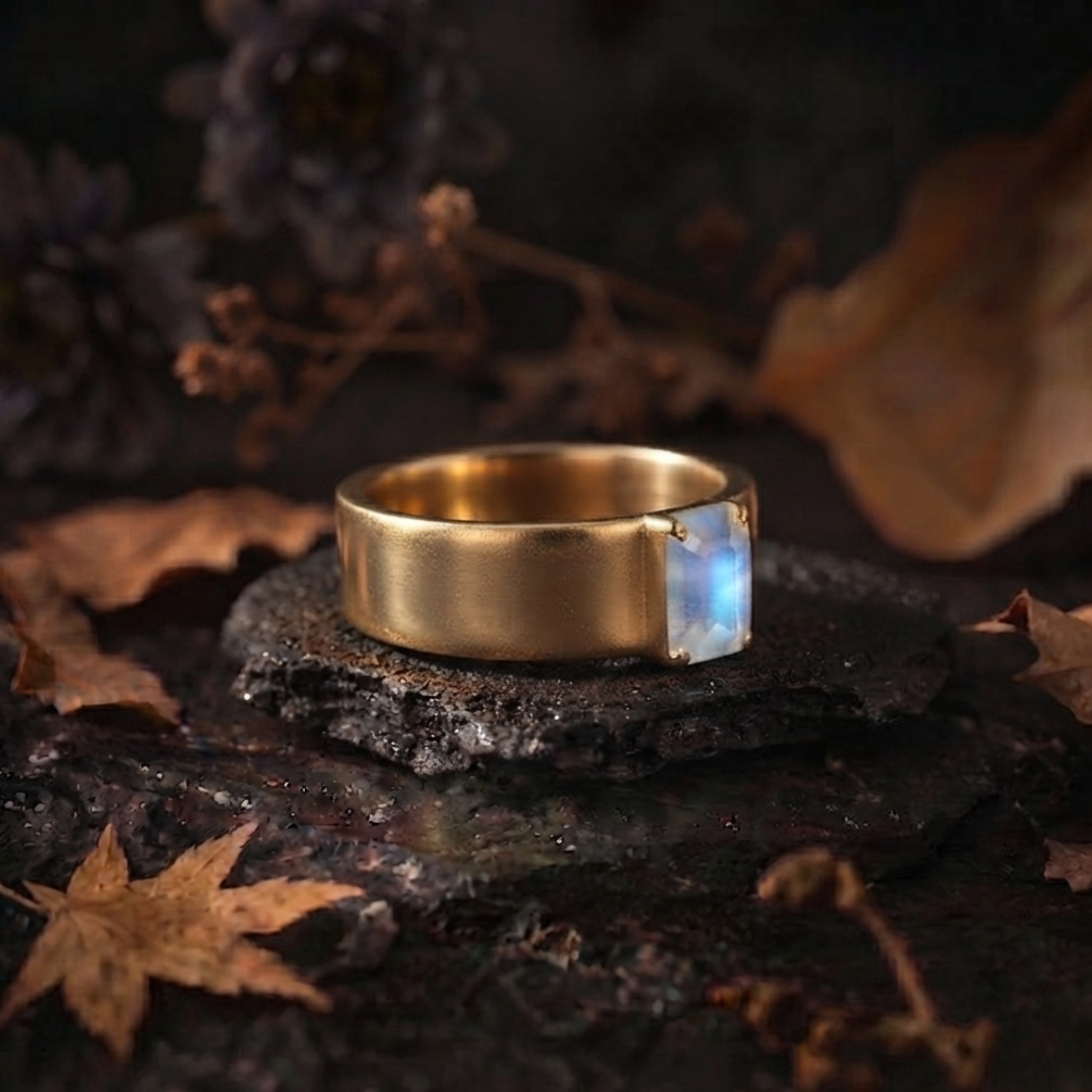 Rainbow Moonstone Emerald Cut Wedding Band, Bold Gold Men's Engagement Ring, Statement Unisex Heirloom Ring, Single Stone Ring Gift For Him